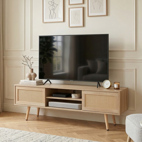 Meuble TV en bois naturel avec portes coulissantes en rotin tressé