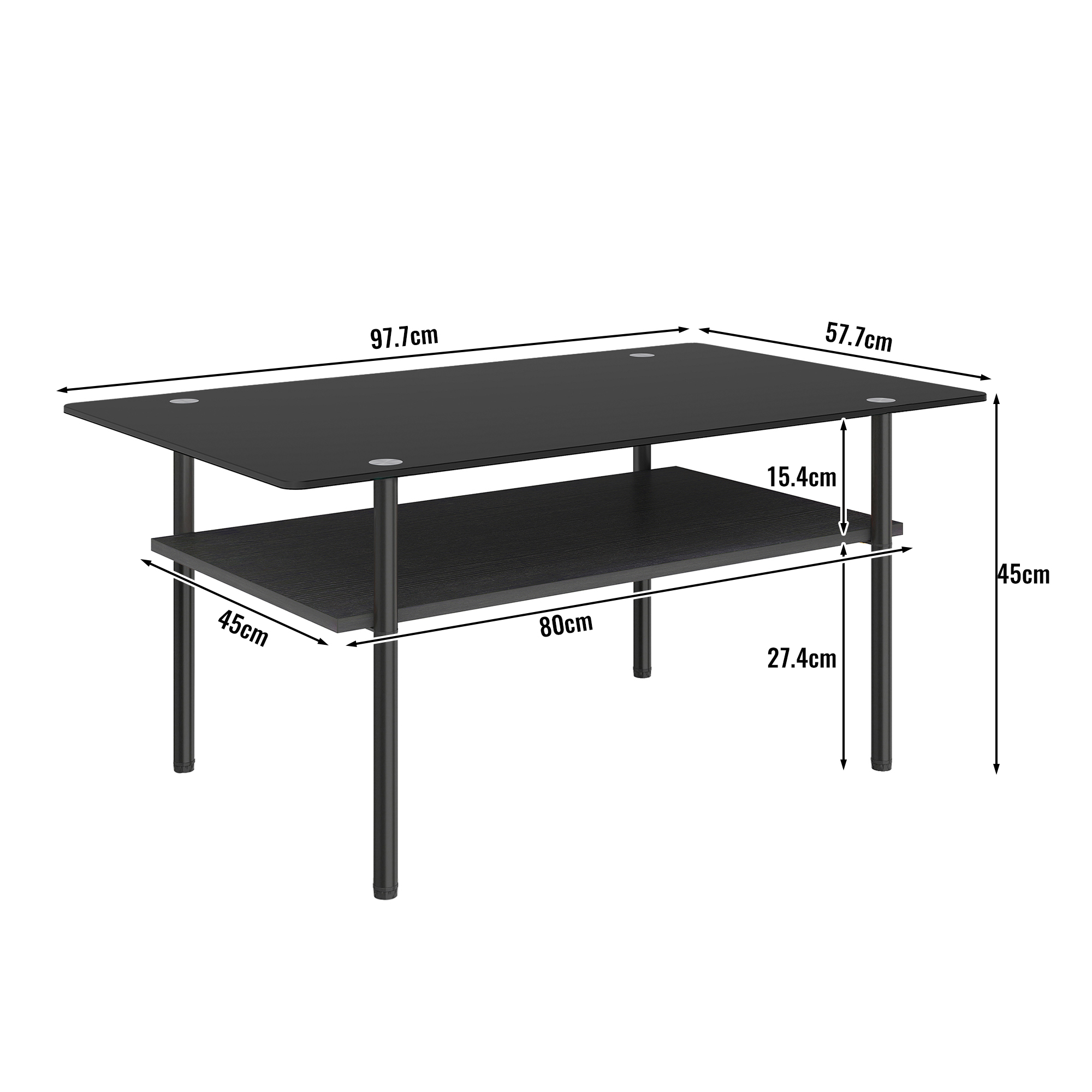 Table basse, rangement intégré, éléments en verre, 98 x 58 x 45 cm, métal et verre, noir - vue 3