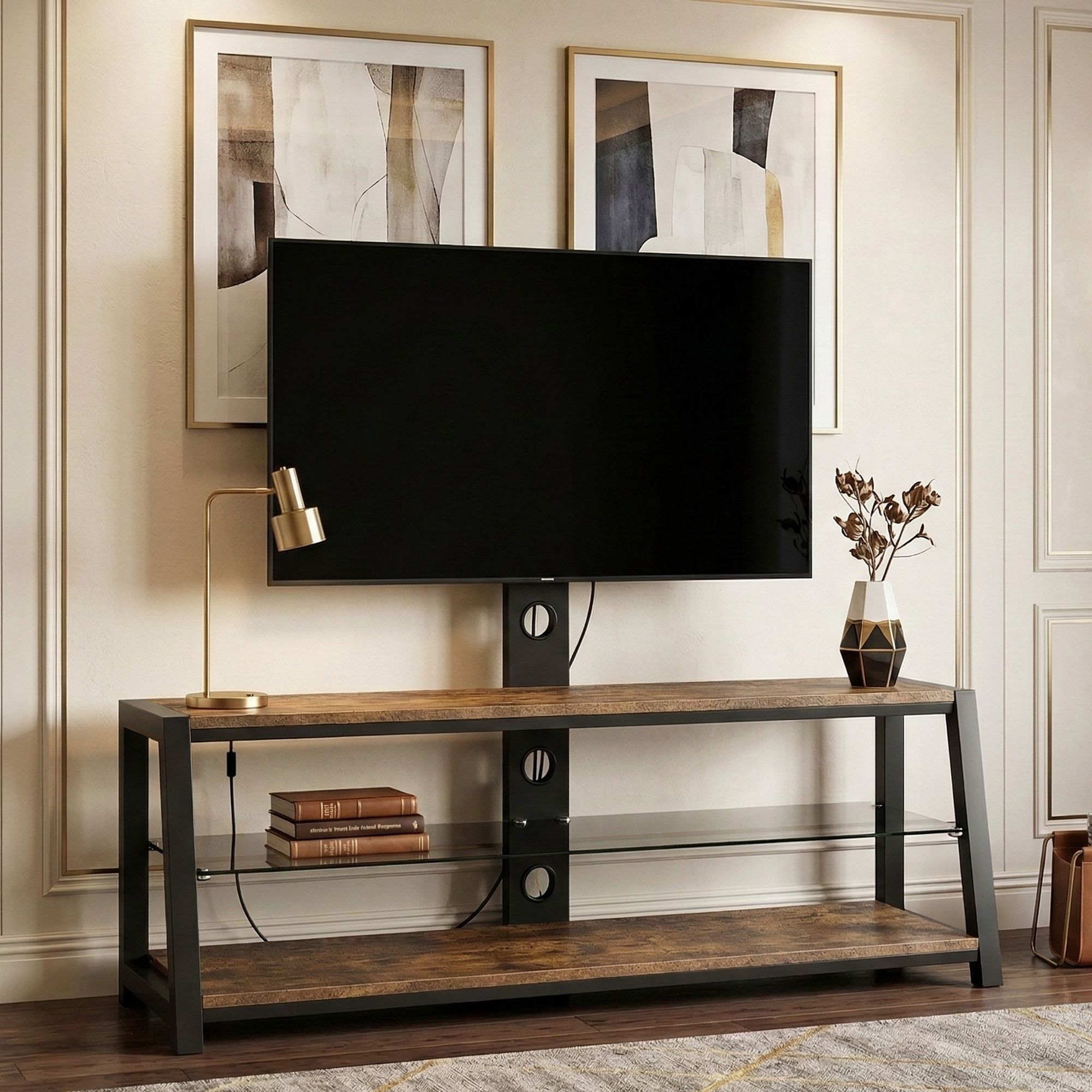 Meuble TV, hauteur réglable, éléments en verre, 116 x 42 x 125 cm, métal et bois, noir - vue 4