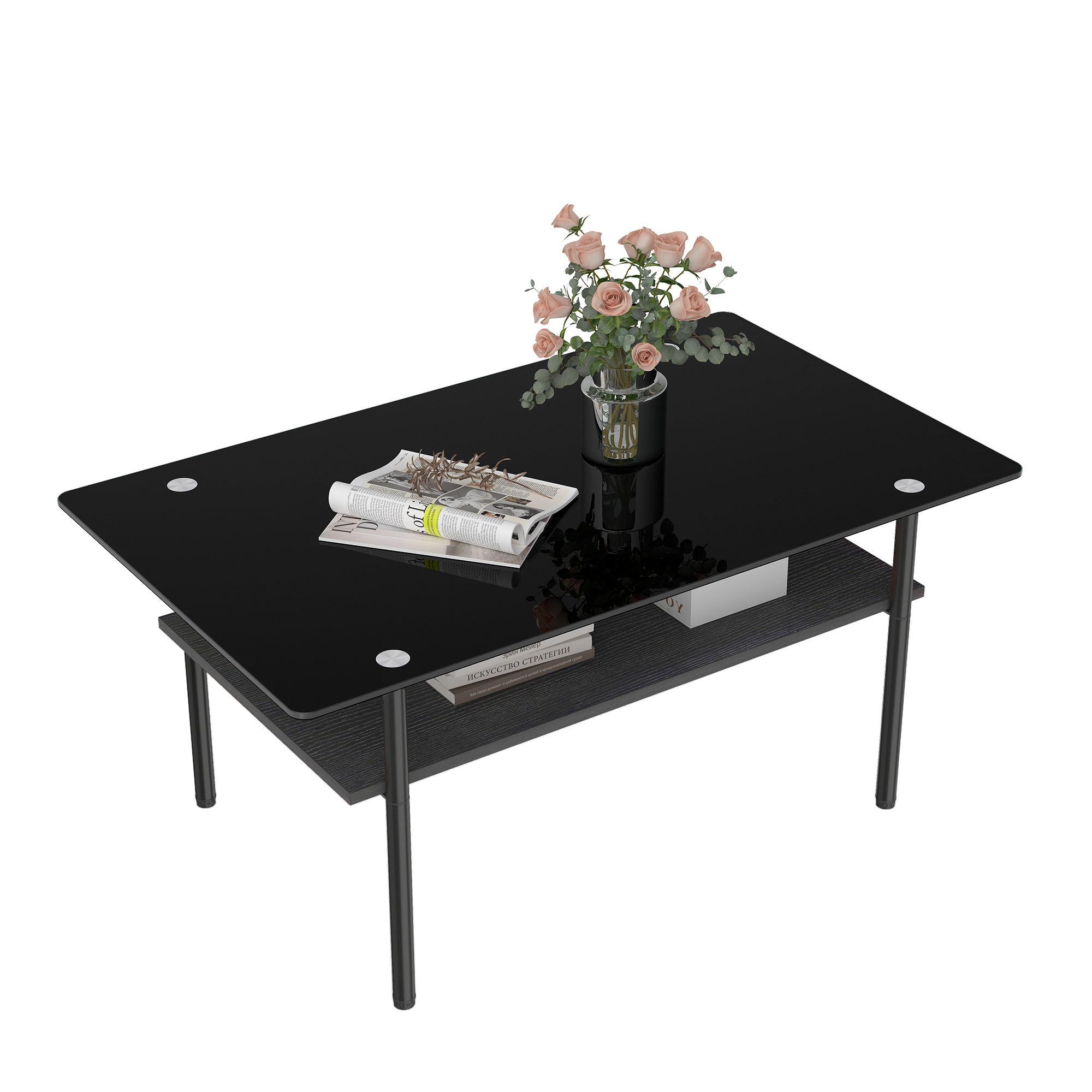 Table basse, rangement intégré, éléments en verre, 98 x 58 x 45 cm, métal et verre, noir - vue 2