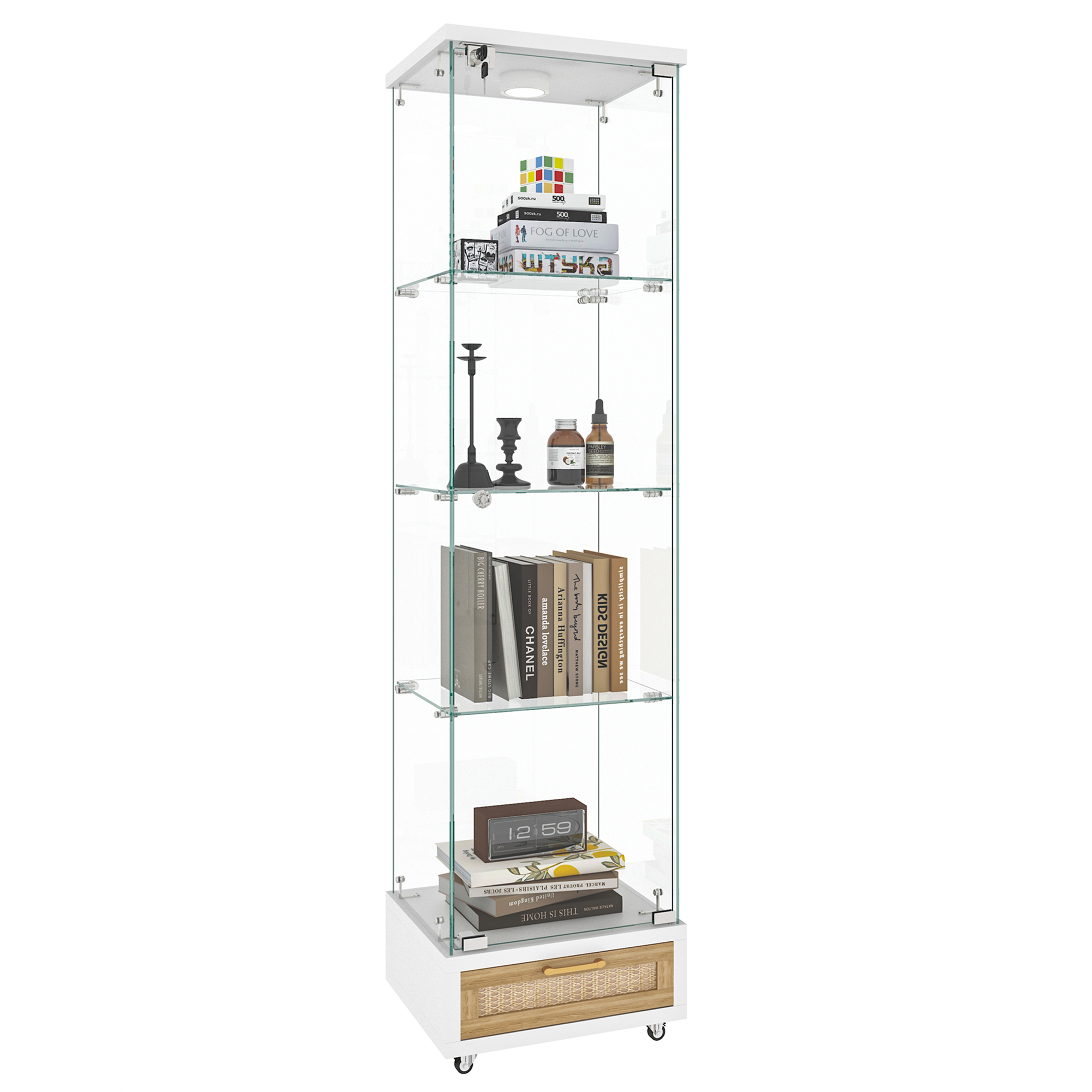 Vitrine, avec tiroirs, éclairage led, éléments en verre, 42,5 x 36,5 x 167 cm, verre trempé et verre, blanc - vue 3