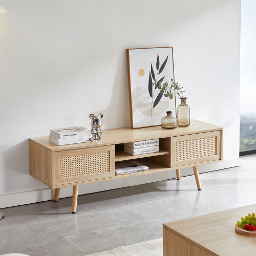 Meuble TV bas en bois naturel avec rangement fermé
