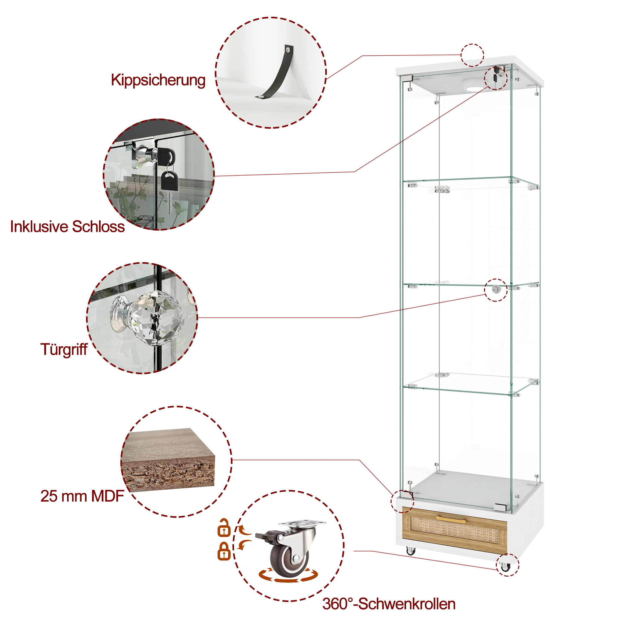 Vitrine, avec tiroirs, éclairage led, éléments en verre, 42,5 x 36,5 x 167 cm, verre trempé et verre, blanc - vue 2
