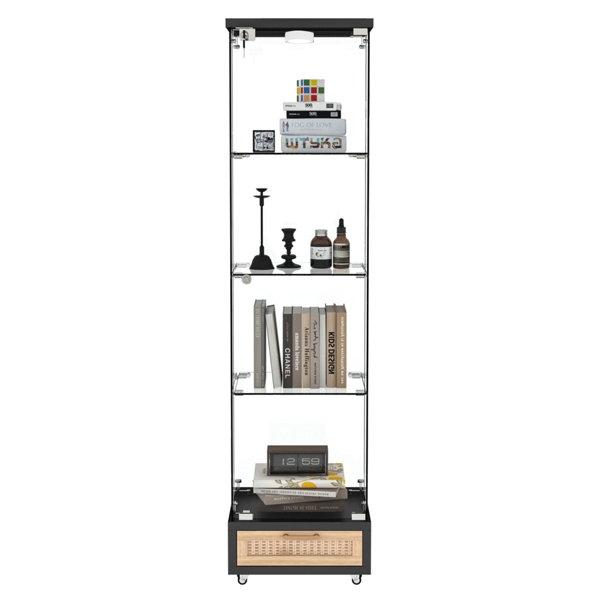 Vitrine, avec tiroirs, éclairage led, éléments en verre, 42,5 x 36,5 x 167 cm, verre trempé et verre, noir - vue 3
