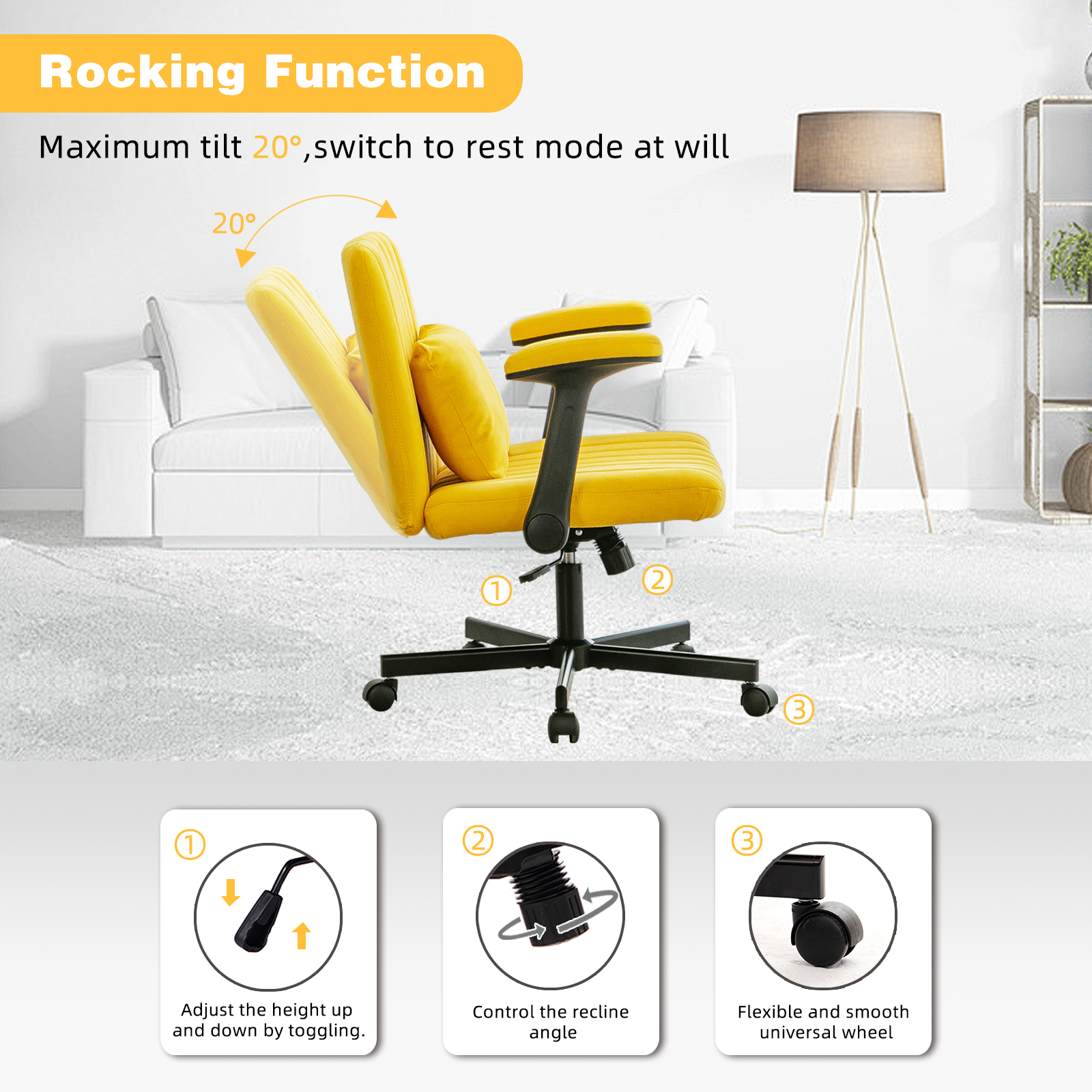 Chaise de bureau, 1 pièce, pliable, hauteur réglable, mobile sur roulettes, 21,5 x 25,2 x 33 cm, velours et tissu, Yellow - vue 4