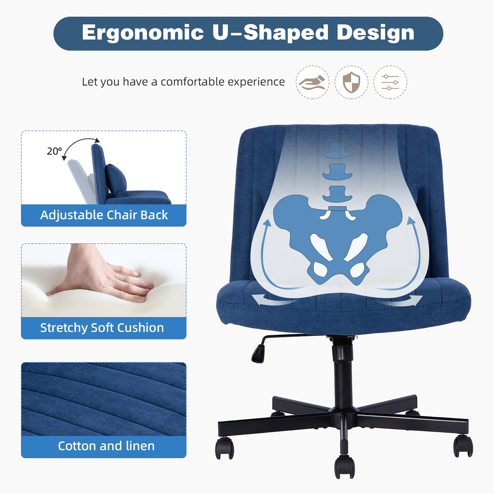 Chaise de bureau, 1 pièce, hauteur réglable, mobile sur roulettes, 21,5 x 25,2 x 33 cm, tissu et métal, bleu - vue 4
