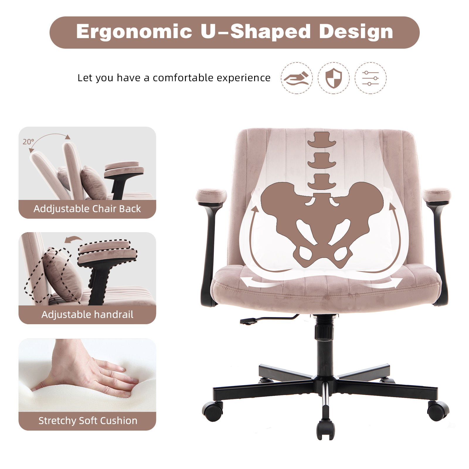 Chaise de bureau, 1 pièce, pliable, hauteur réglable, mobile sur roulettes, 21,5 x 25,2 x 33 cm, velours et tissu, rose - vue 4