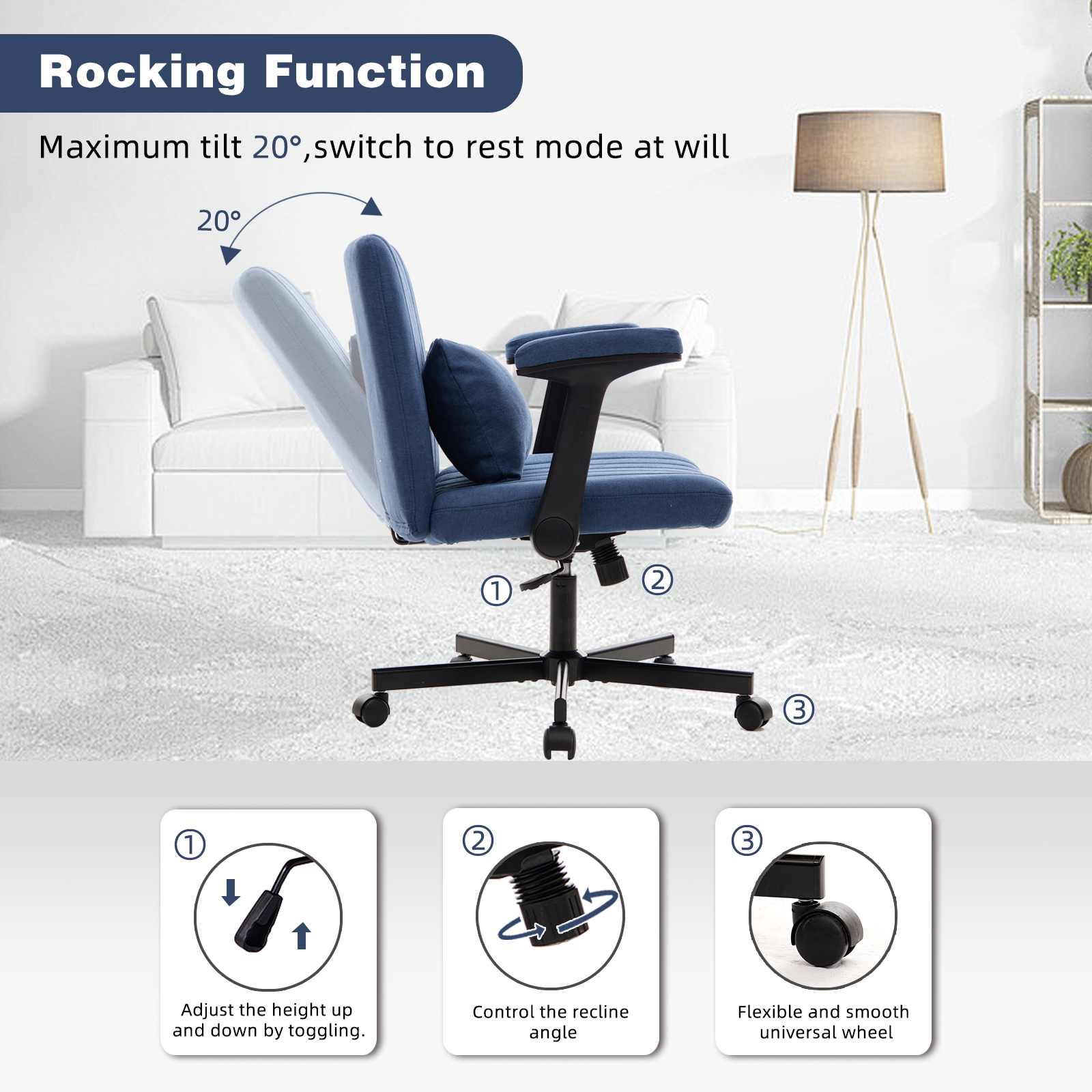Chaise de bureau, 1 pièce, pliable, hauteur réglable, mobile sur roulettes, 21,5 x 25,2 x 33 cm, velours et tissu, bleu - vue 5