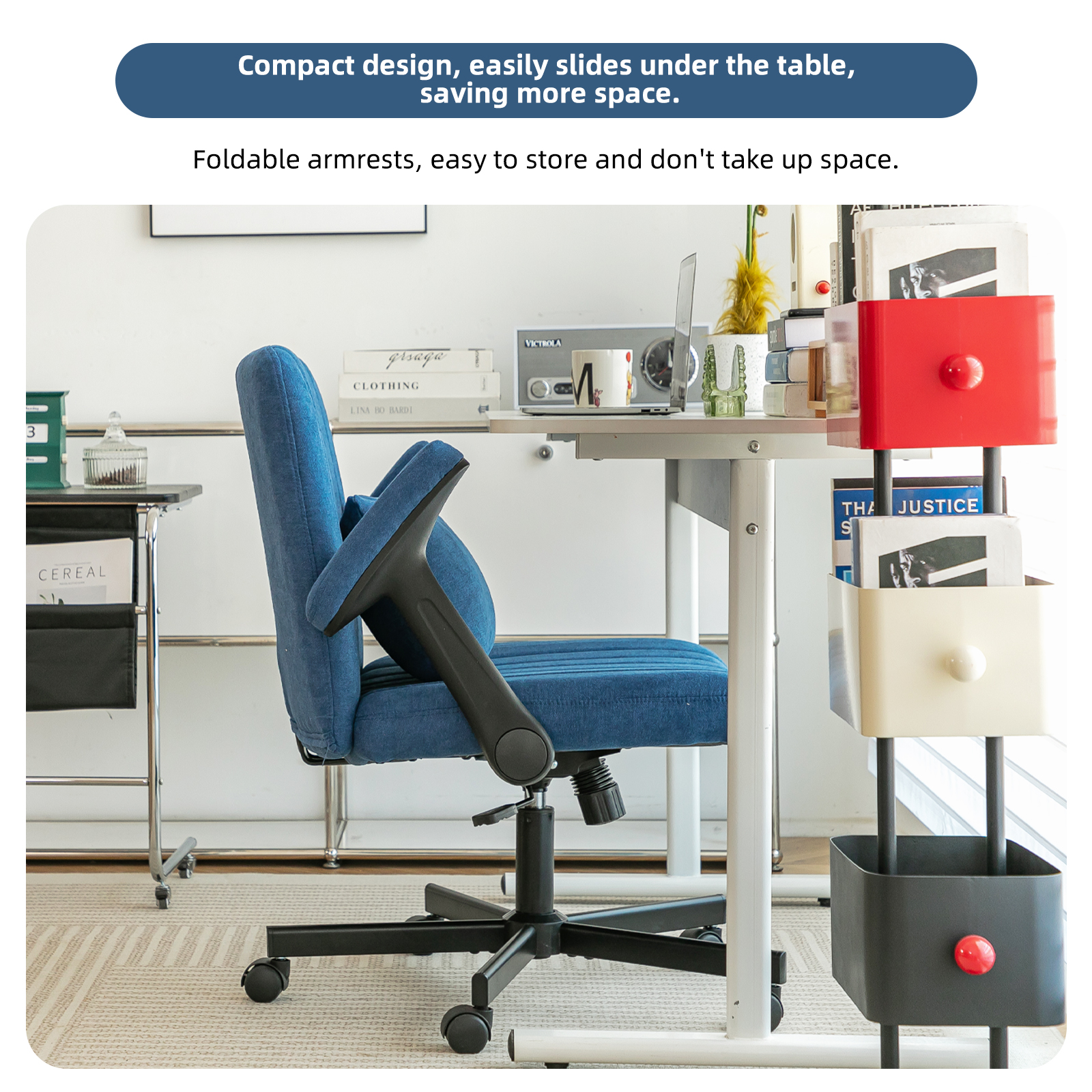 Chaise de bureau, 1 pièce, pliable, hauteur réglable, mobile sur roulettes, 21,5 x 25,2 x 33 cm, velours et tissu, bleu - vue 2