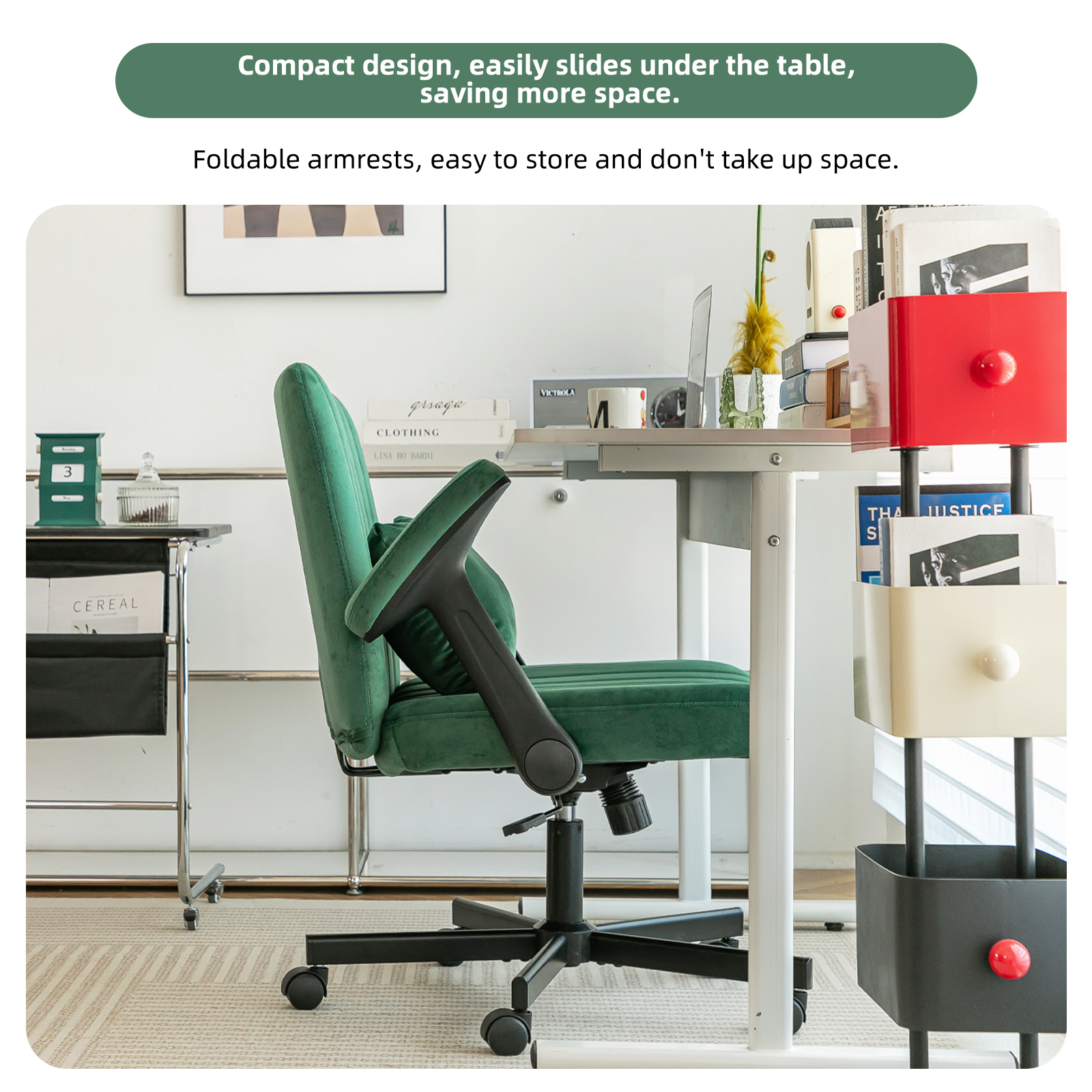Chaise de bureau, 1 pièce, pliable, hauteur réglable, mobile sur roulettes, 21,5 x 25,2 x 33 cm, velours et tissu, vert - vue 2