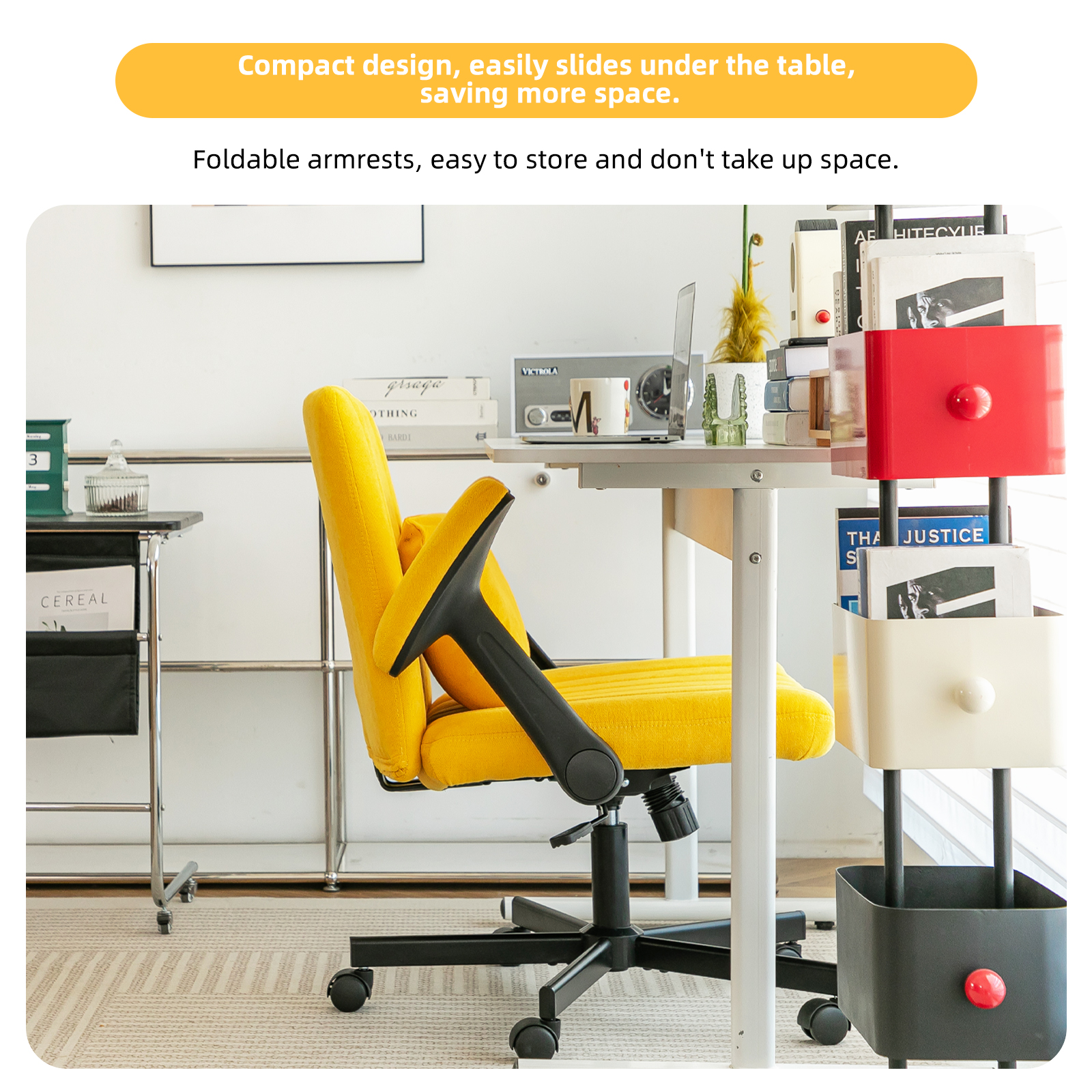 Chaise de bureau, 1 pièce, pliable, hauteur réglable, mobile sur roulettes, 21,5 x 25,2 x 33 cm, velours et tissu, Yellow - vue 2