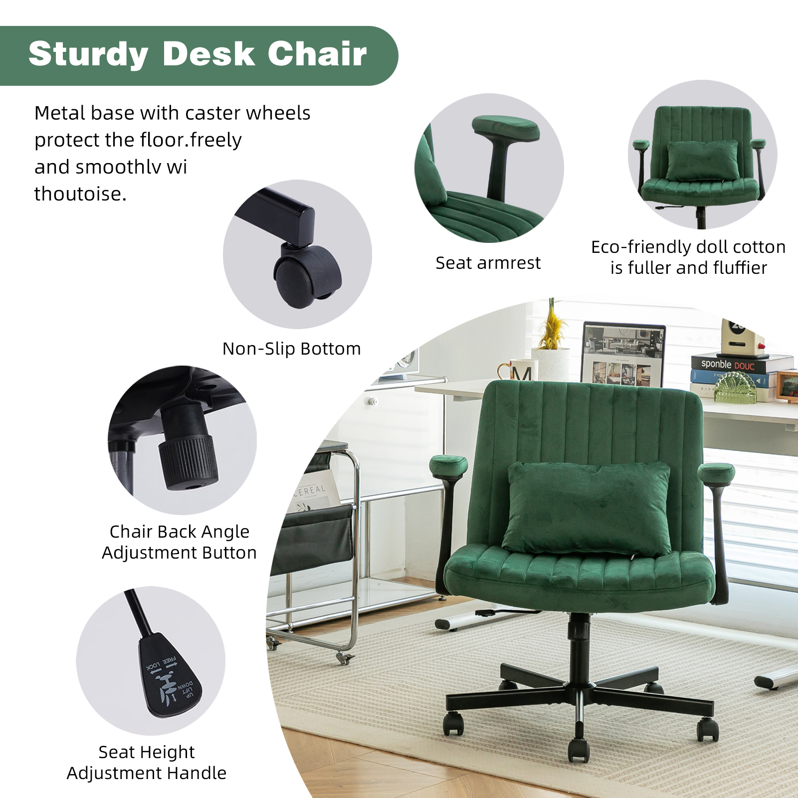 Chaise de bureau, 1 pièce, pliable, hauteur réglable, mobile sur roulettes, 21,5 x 25,2 x 33 cm, velours et tissu, vert - vue 4