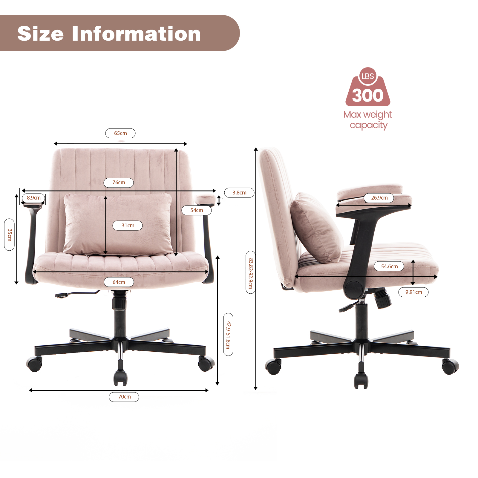 Chaise de bureau, 1 pièce, pliable, hauteur réglable, mobile sur roulettes, 21,5 x 25,2 x 33 cm, velours et tissu, rose - vue 5