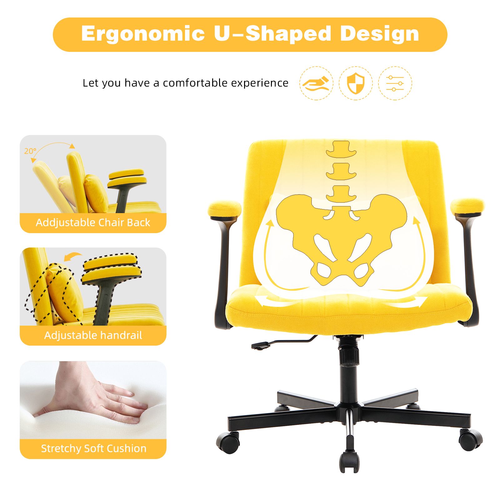 Chaise de bureau, 1 pièce, pliable, hauteur réglable, mobile sur roulettes, 21,5 x 25,2 x 33 cm, velours et tissu, Yellow - vue 5