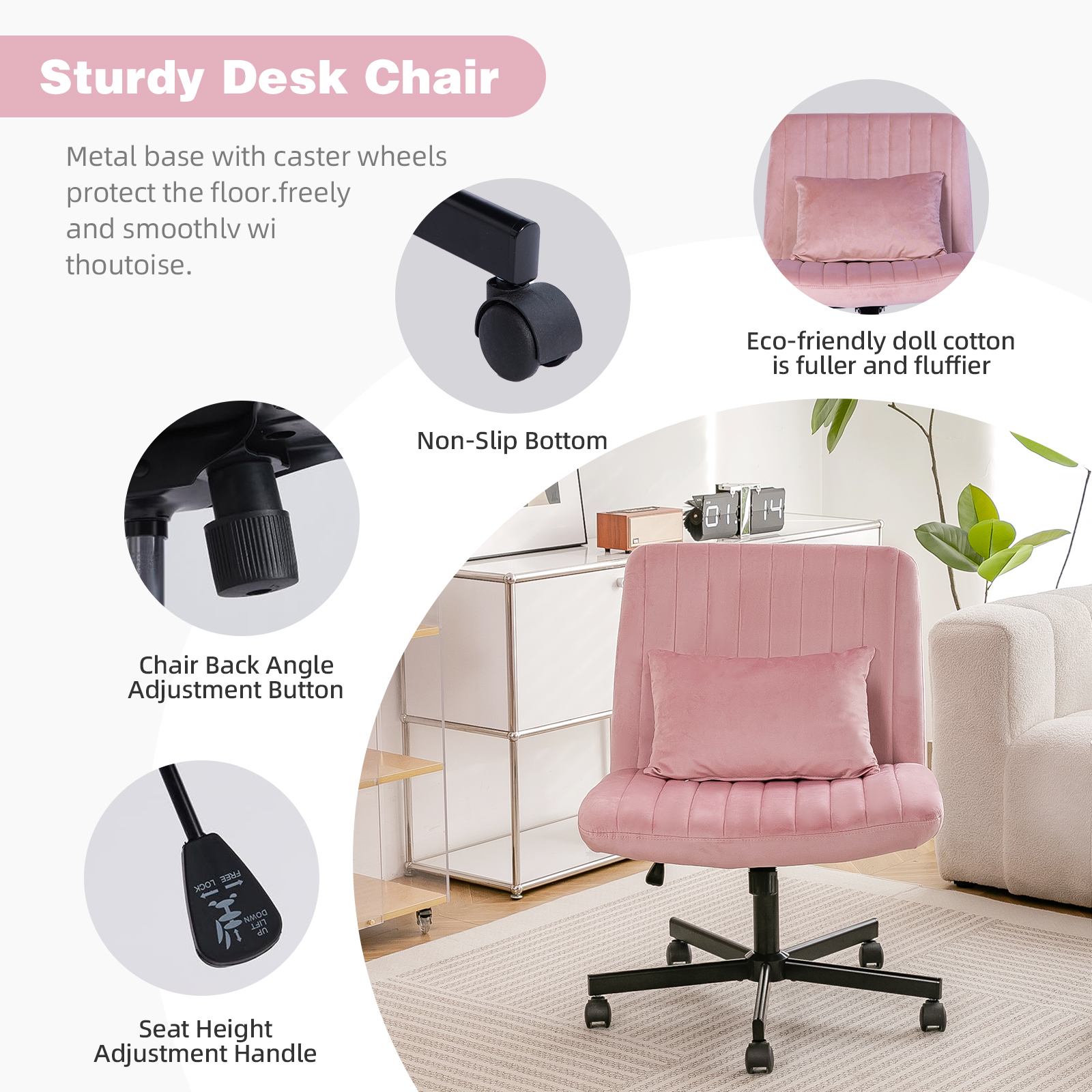 Chaise de bureau, 1 pièce, hauteur réglable, mobile sur roulettes, 21,5 x 25,2 x 33 cm, tissu et métal, rose - vue 1