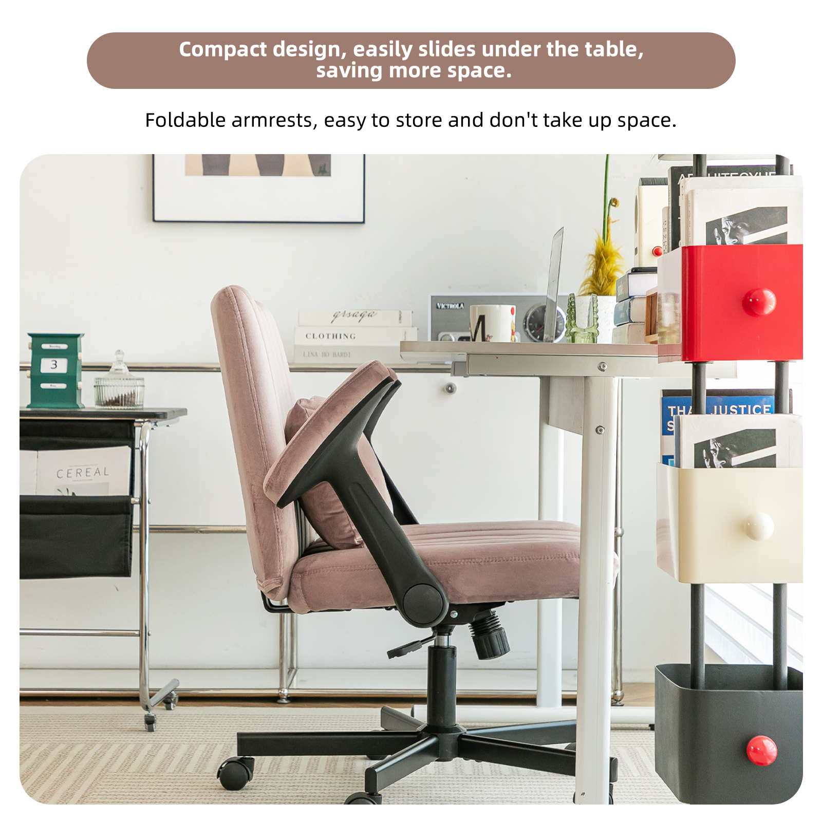 Chaise de bureau, 1 pièce, pliable, hauteur réglable, mobile sur roulettes, 21,5 x 25,2 x 33 cm, velours et tissu, rose - vue 2