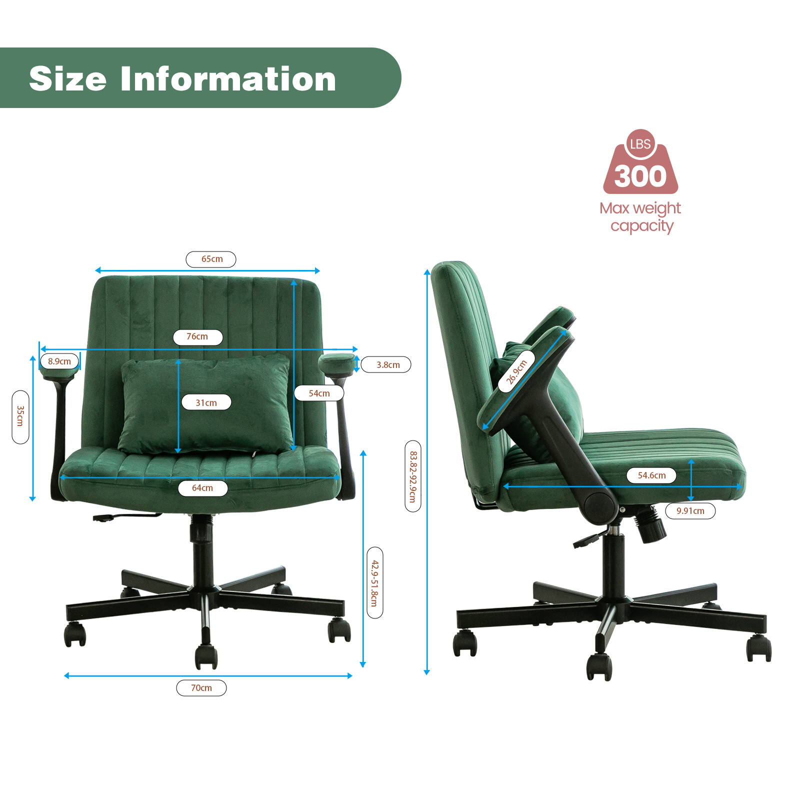 Chaise de bureau, 1 pièce, pliable, hauteur réglable, mobile sur roulettes, 21,5 x 25,2 x 33 cm, velours et tissu, vert - vue 5
