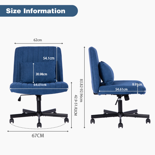 Chaise de bureau, 1 pièce, hauteur réglable, mobile sur roulettes, 21,5 x 25,2 x 33 cm, tissu et métal, bleu - vue 5