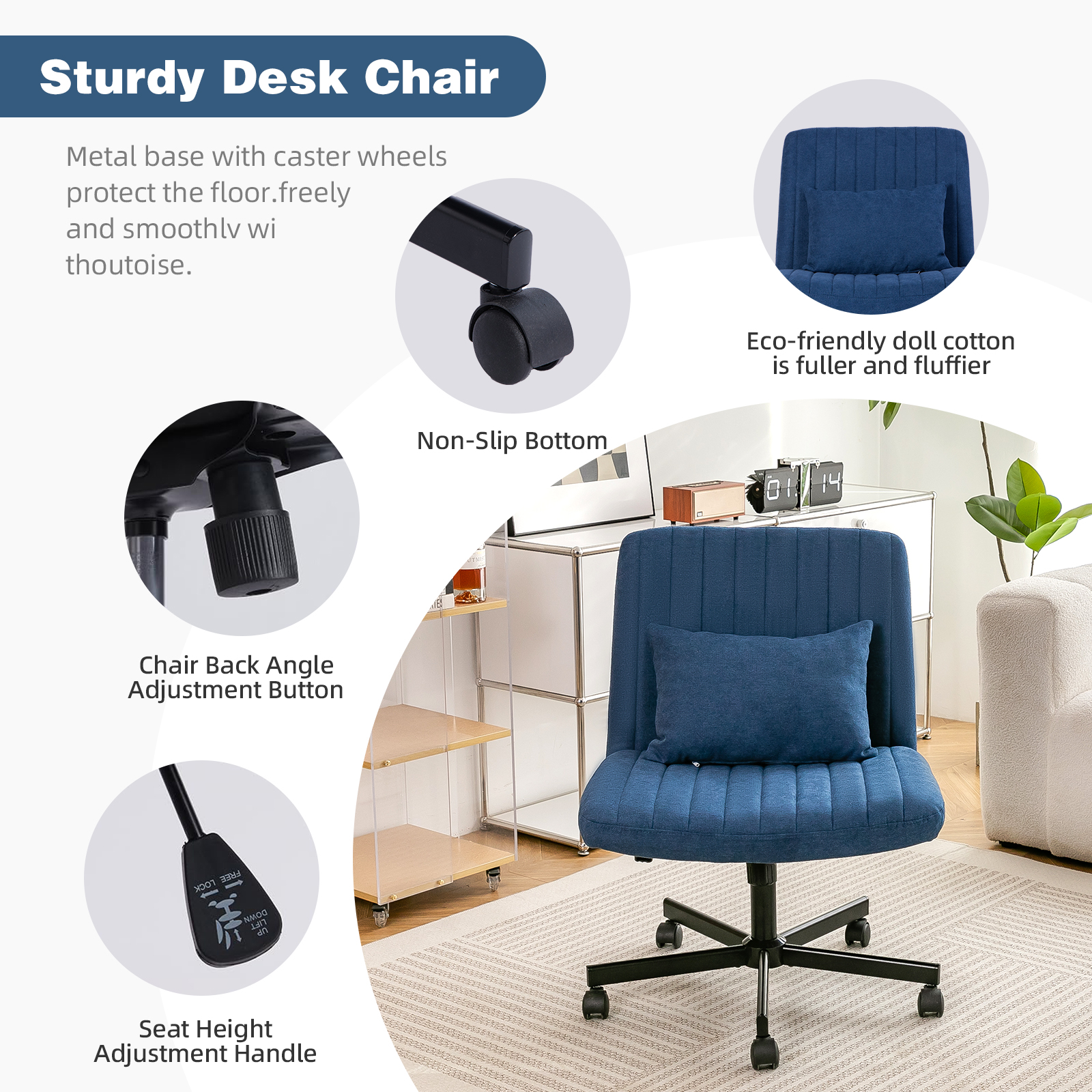 Chaise de bureau, 1 pièce, hauteur réglable, mobile sur roulettes, 21,5 x 25,2 x 33 cm, tissu et métal, bleu - vue 3