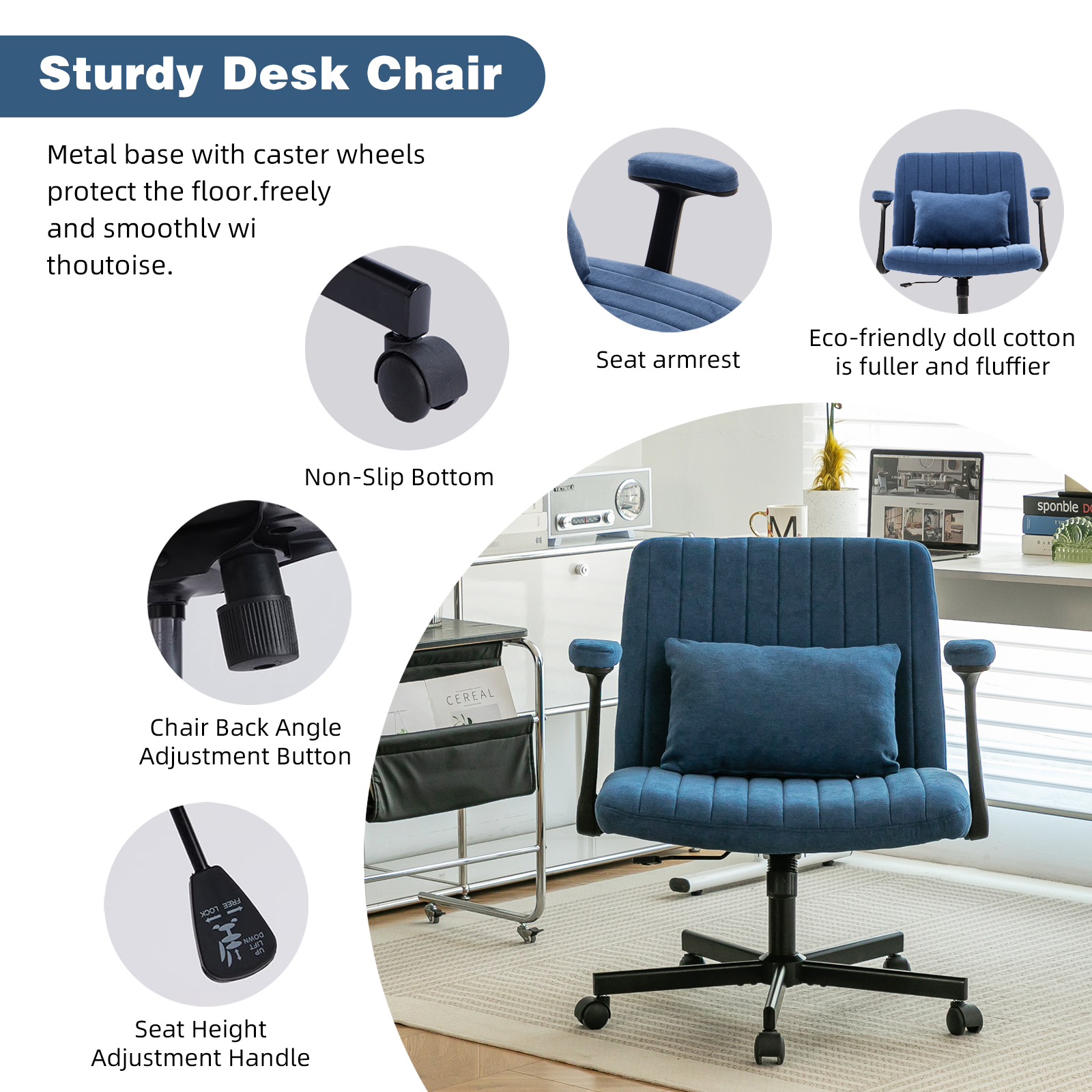 Chaise de bureau, 1 pièce, pliable, hauteur réglable, mobile sur roulettes, 21,5 x 25,2 x 33 cm, velours et tissu, bleu - vue 4