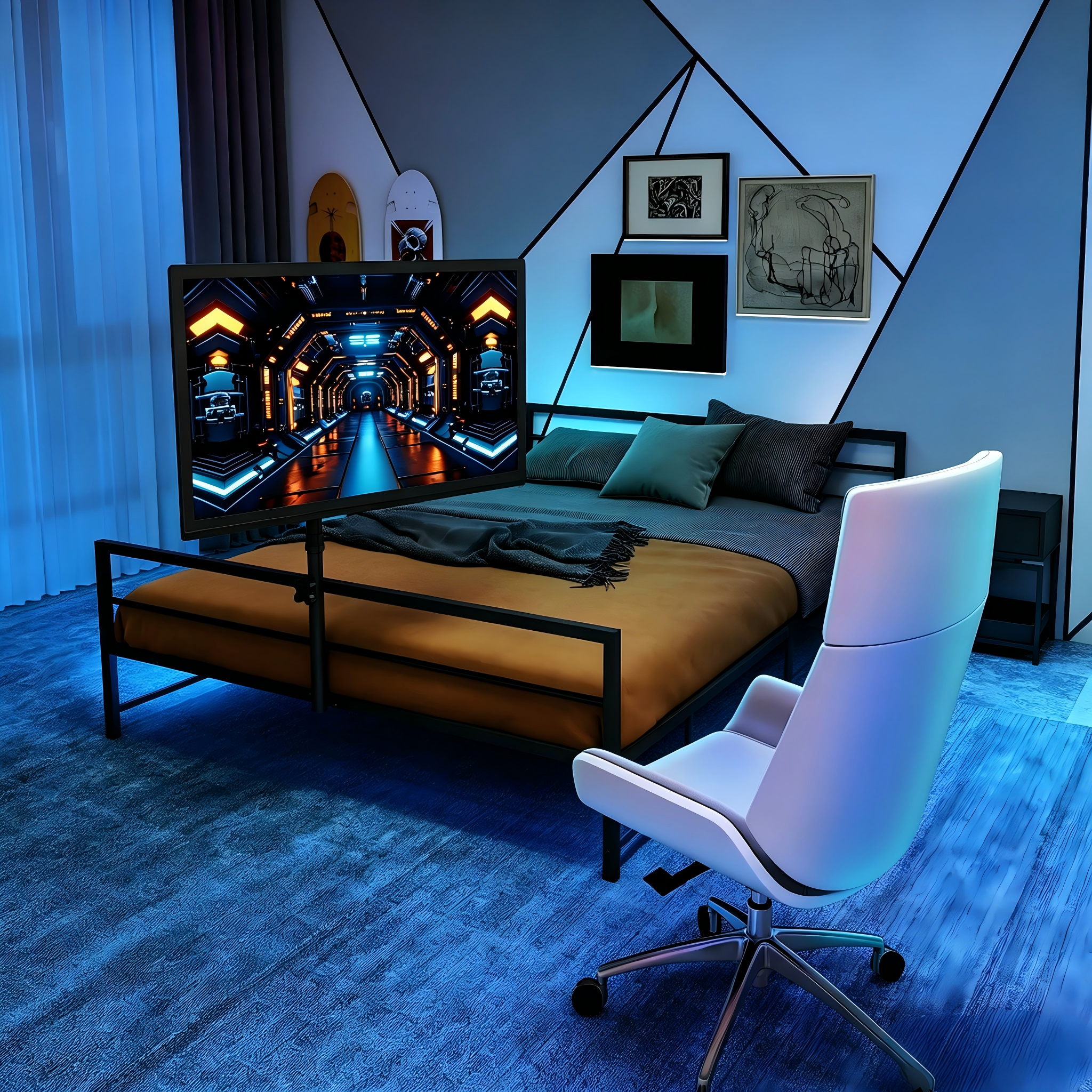 Schwarzes Gaming-Bett mit verstellbarer Halterung,