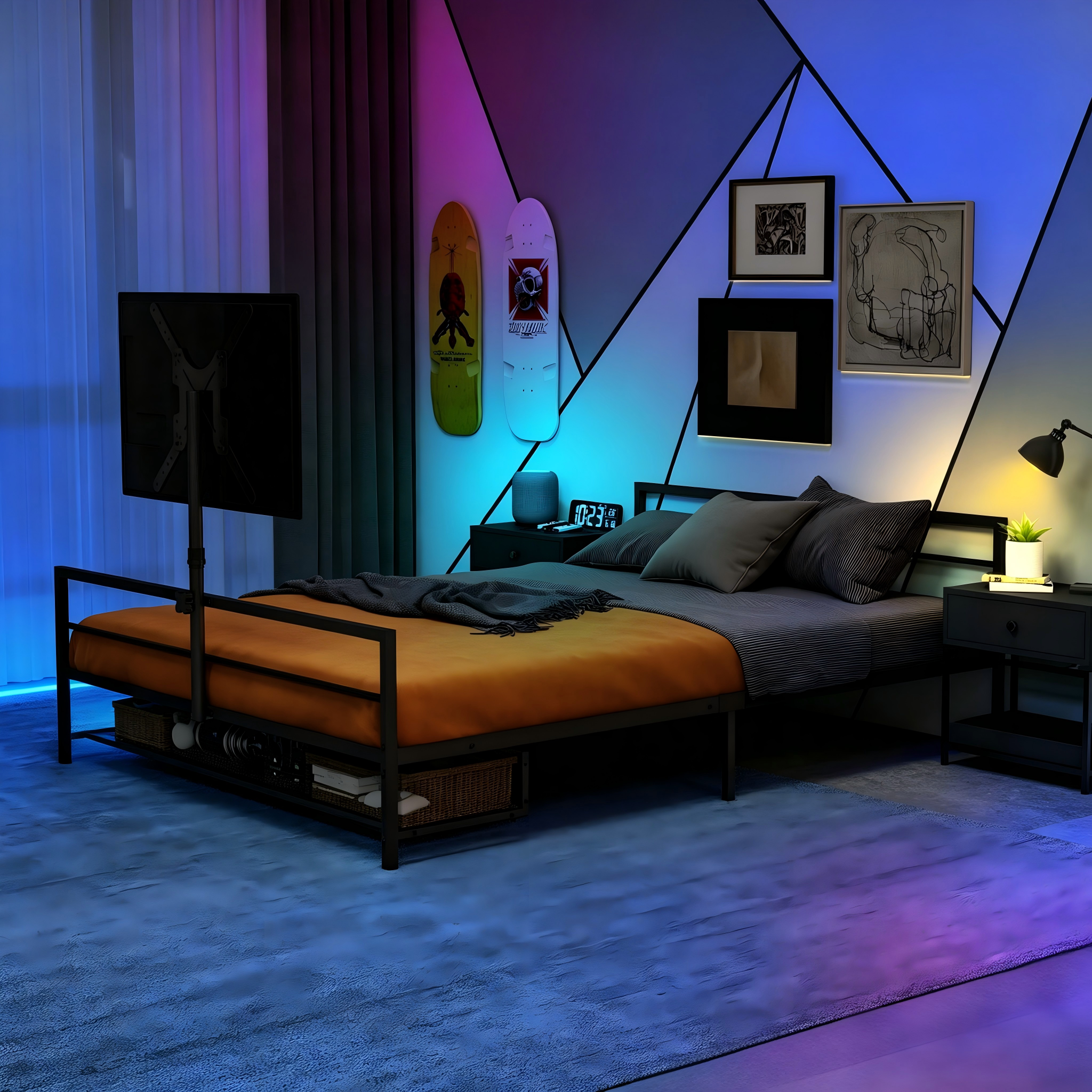 Lit gaming 200 x 90 cm avec support réglable, LED, rangements, métal noir