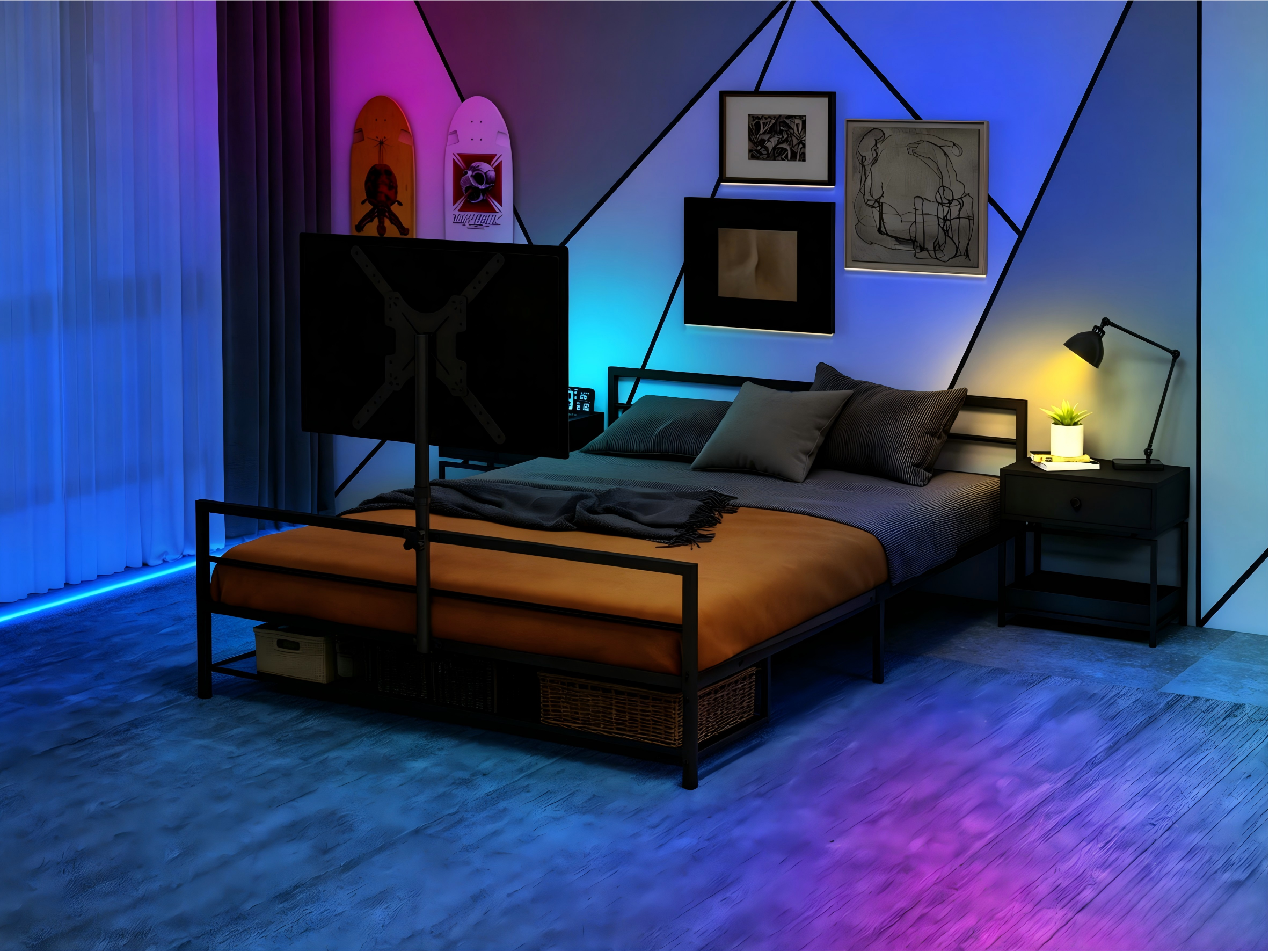 Lit gaming 200 x 90 cm avec support réglable, LED, rangements, métal noir