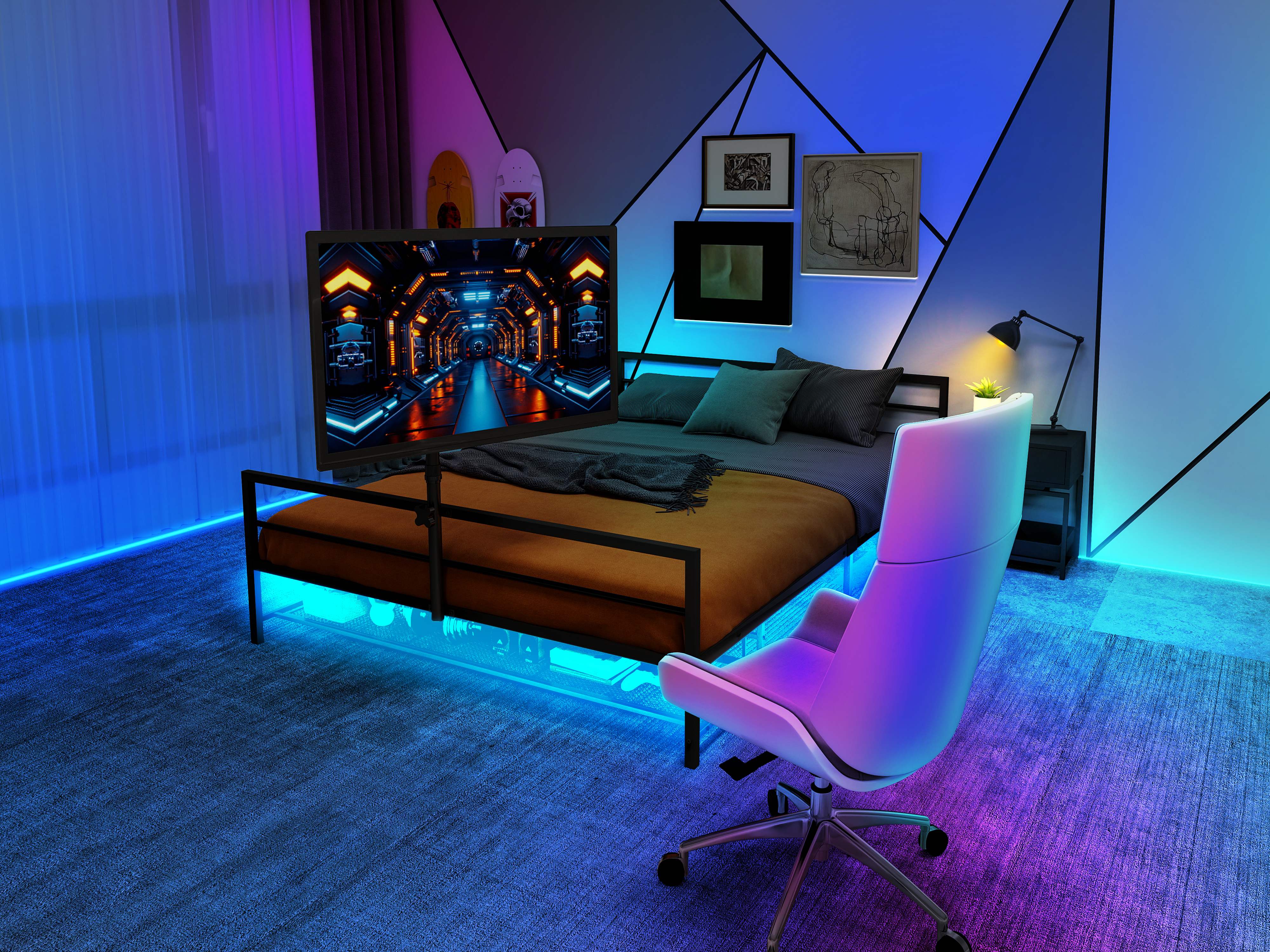 Schwarzes Gaming-Bett mit verstellbarer Halterung,