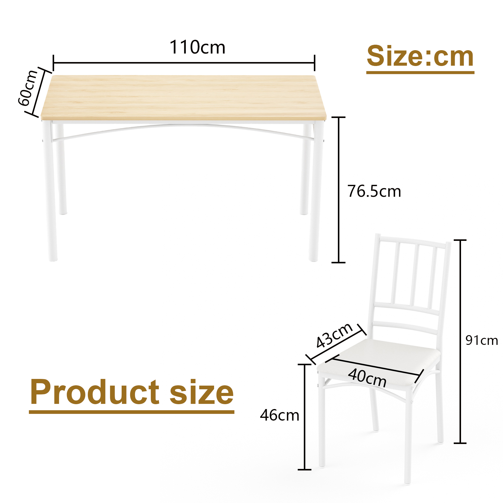Ensemble table et chaises, 5 pièces, 1 table + 4 chaises, 110 x 60 x 76,5 cm, panneaux de particules et acier, bois naturel - vue 3