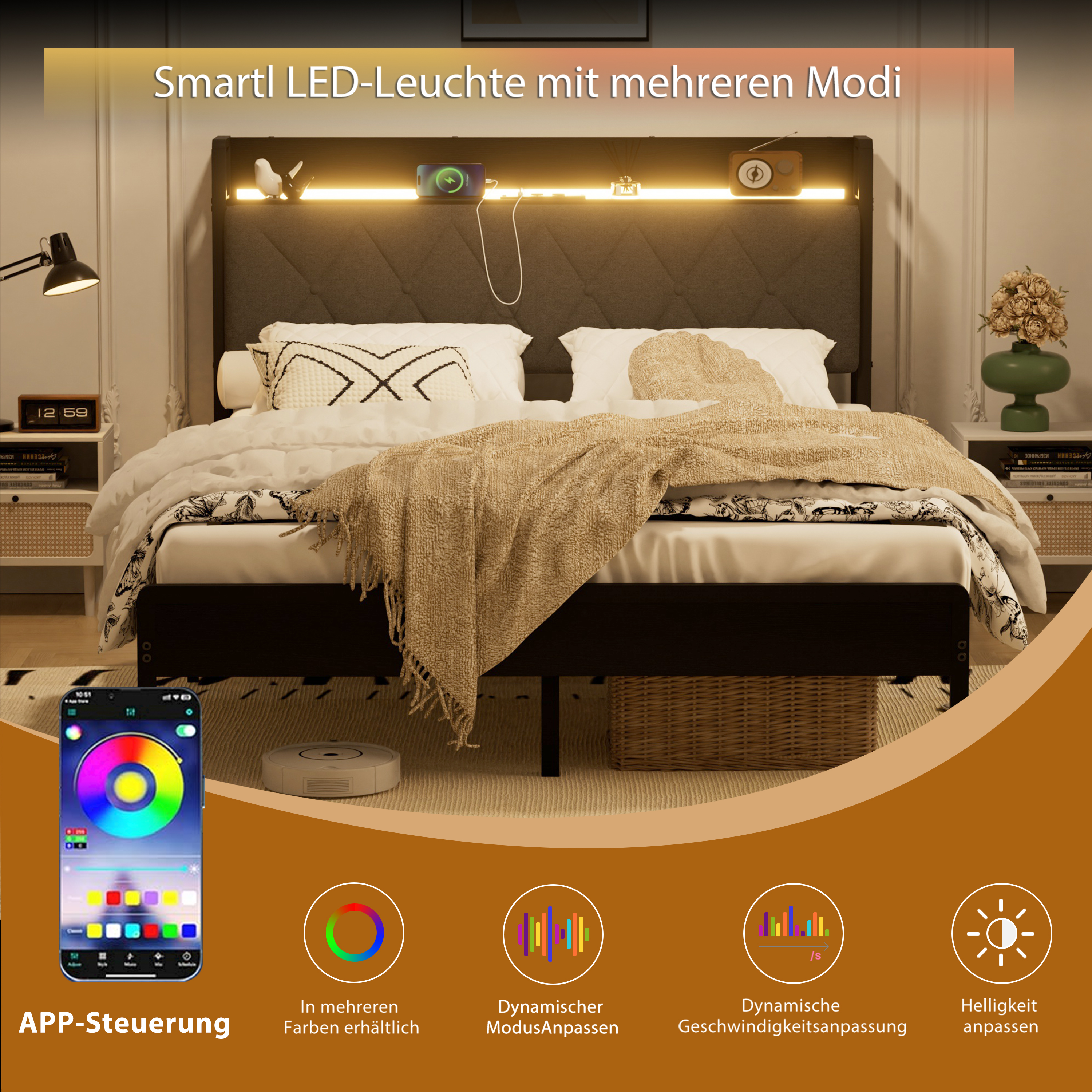 Lit plateforme 140x190 cm avec tête de lit rembour - image 9
