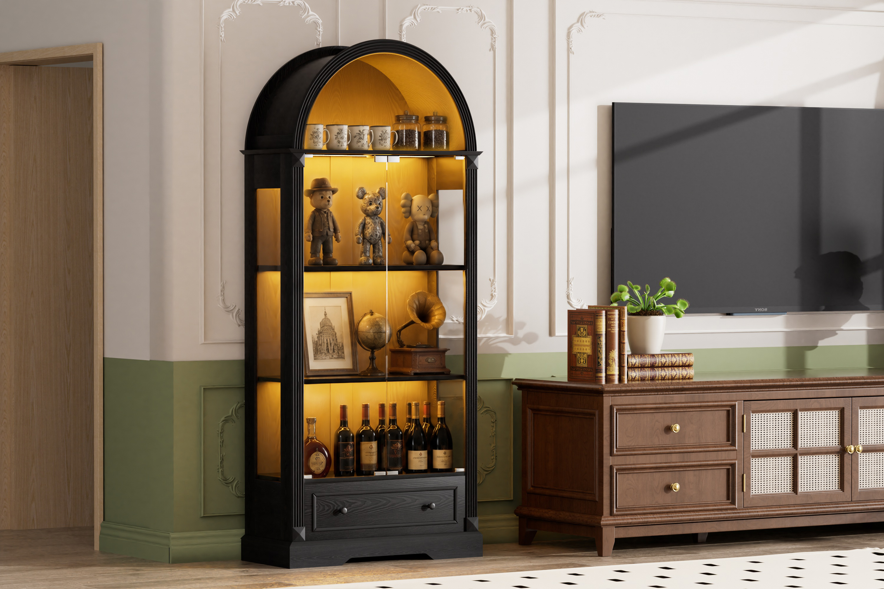 vitrine porte verre trempé sans poignée, ouverture‑fermeture douce