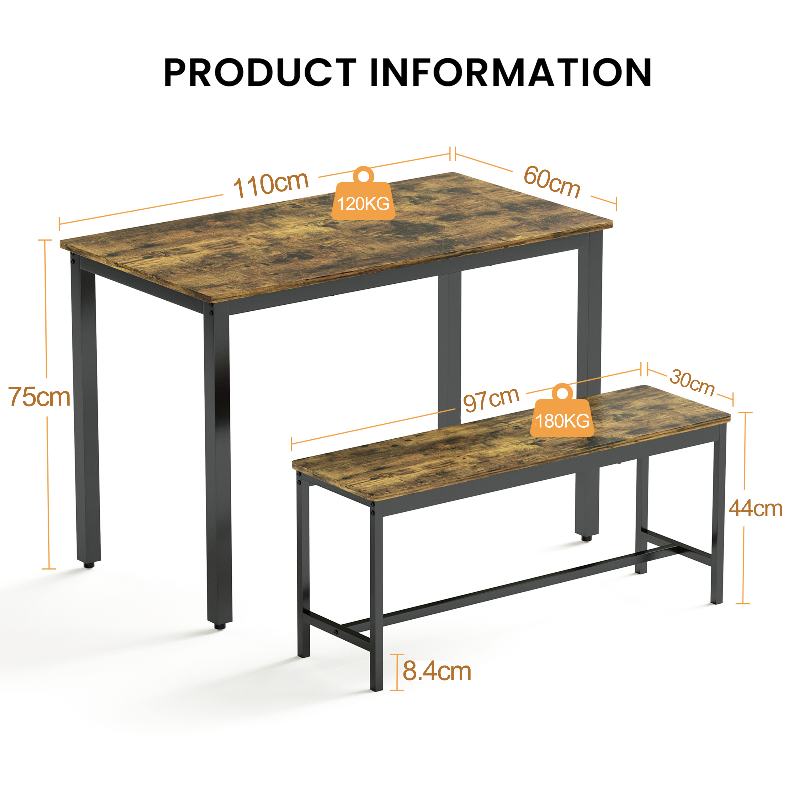 Ensemble table et chaises, 3 pièces, 1 table + 2 bancs, 110 x 60 x 75 cm, panneaux de particules et acier, noir - vue 2