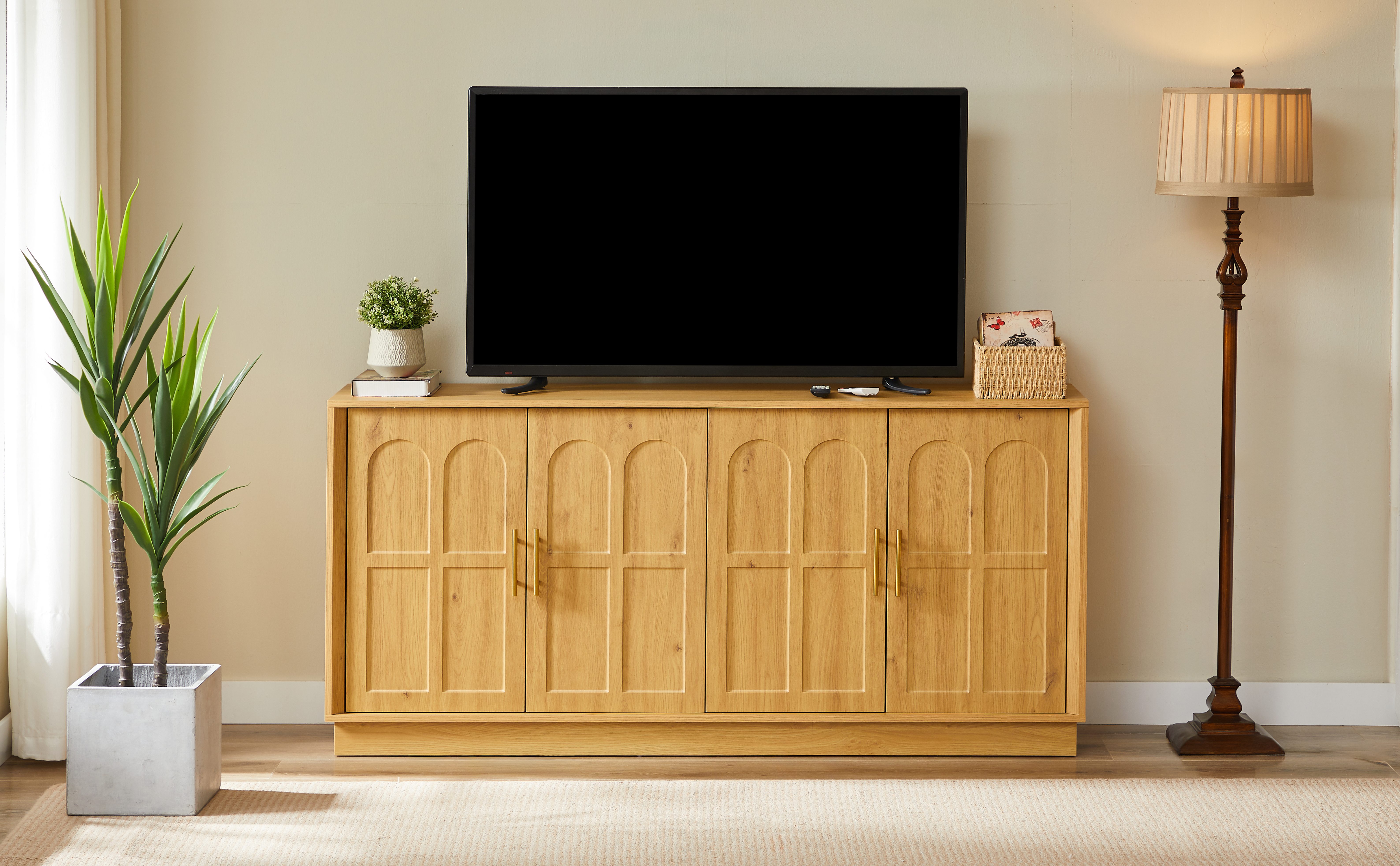 Meuble TV, rangement intégré, 169 x 40 x 80 cm, MDF, bois naturel - vue 5