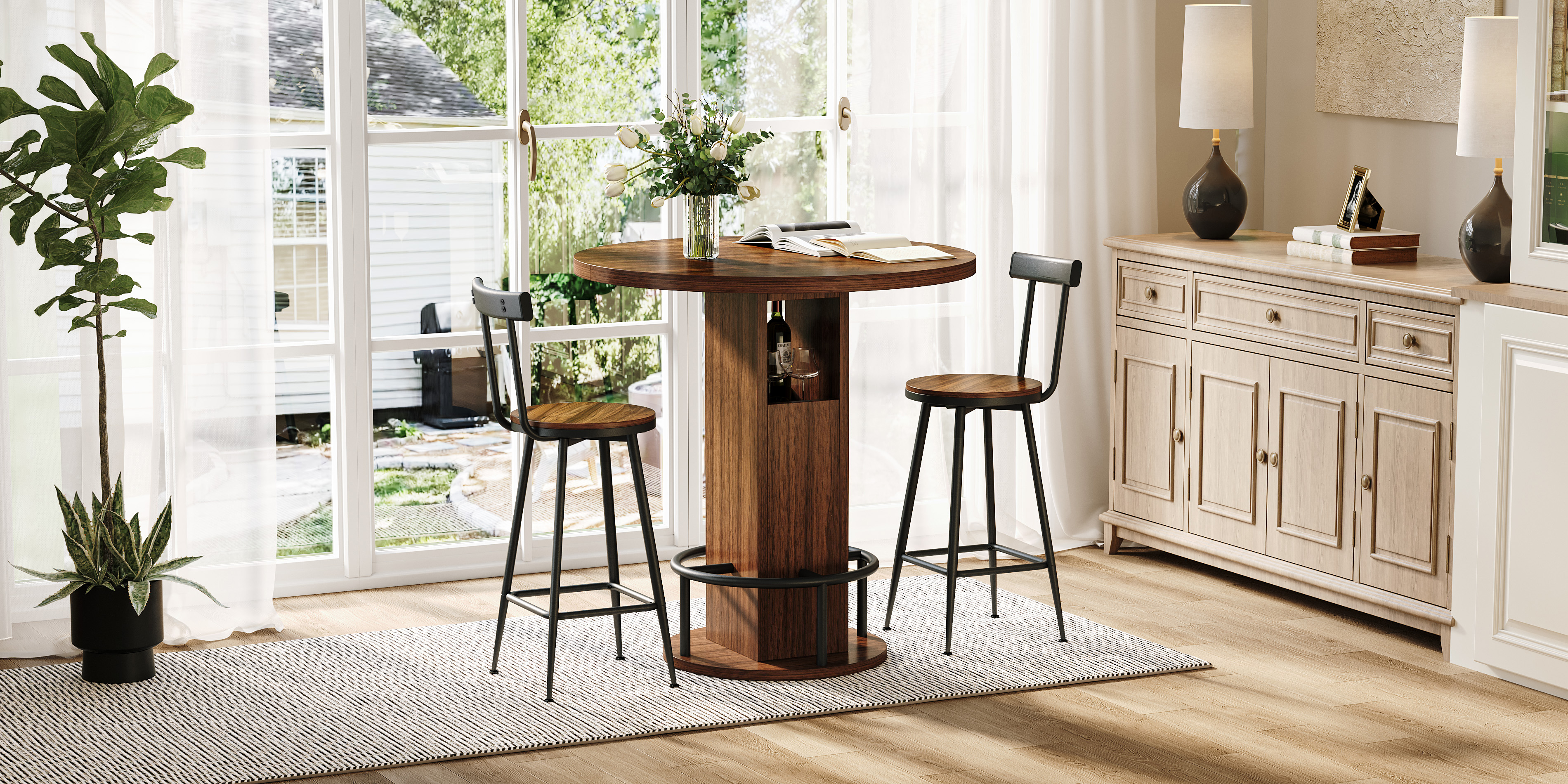 Ensemble table et chaises, 4 pièces, 1 table + 3 chaises, 80 x 80 x 91,5 cm, panneaux de particules et métal, Walnut - vue 4