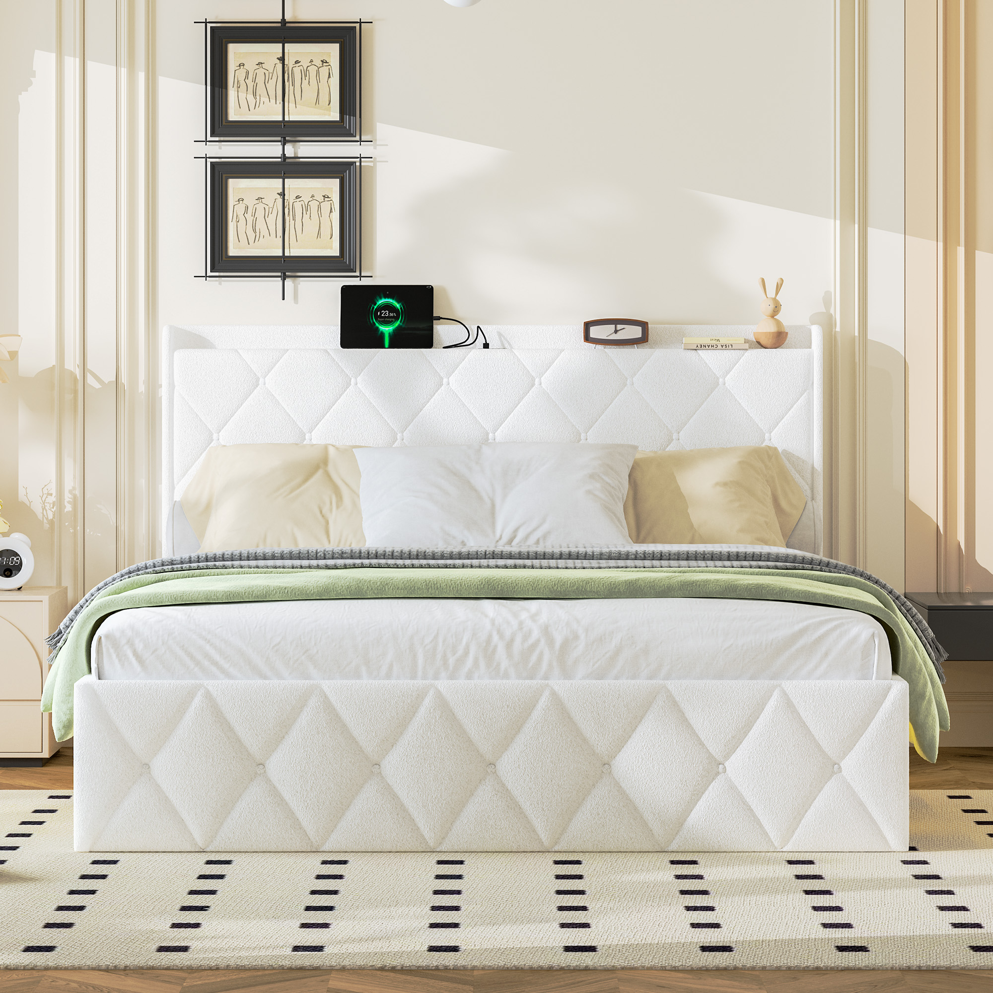 Lit plateforme en tissu bouclé blanc (Teddy Velvet - image 5