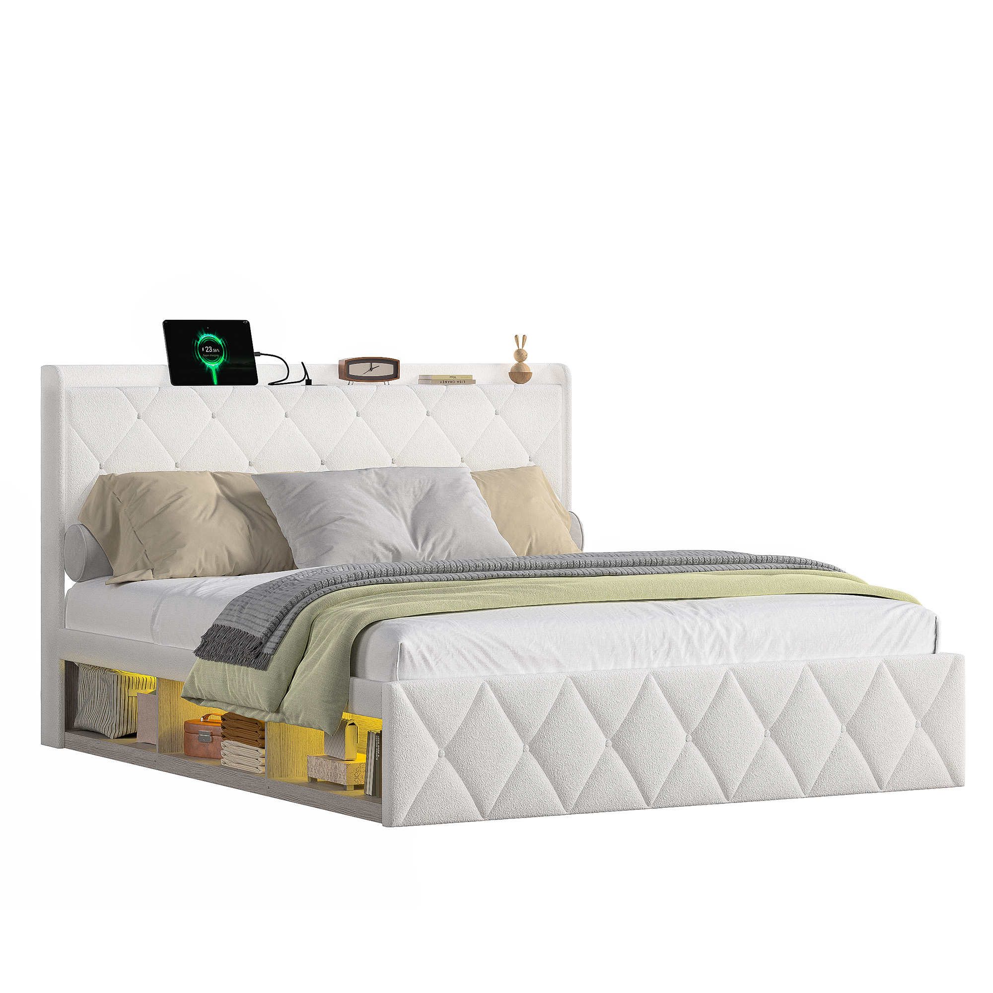 Lit plateforme en tissu bouclé blanc (Teddy Velvet - image 4