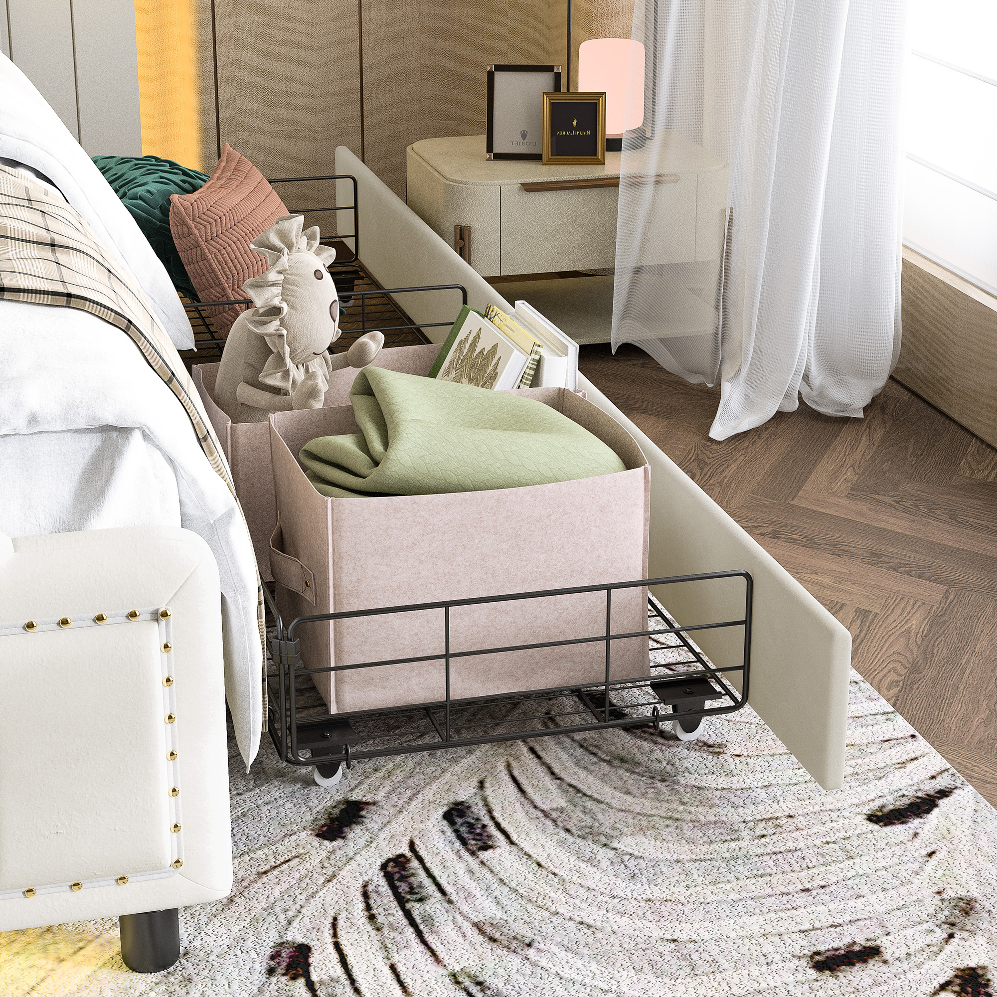 cadre lit tapissé luxe moderne avec finitions métalliques dorées