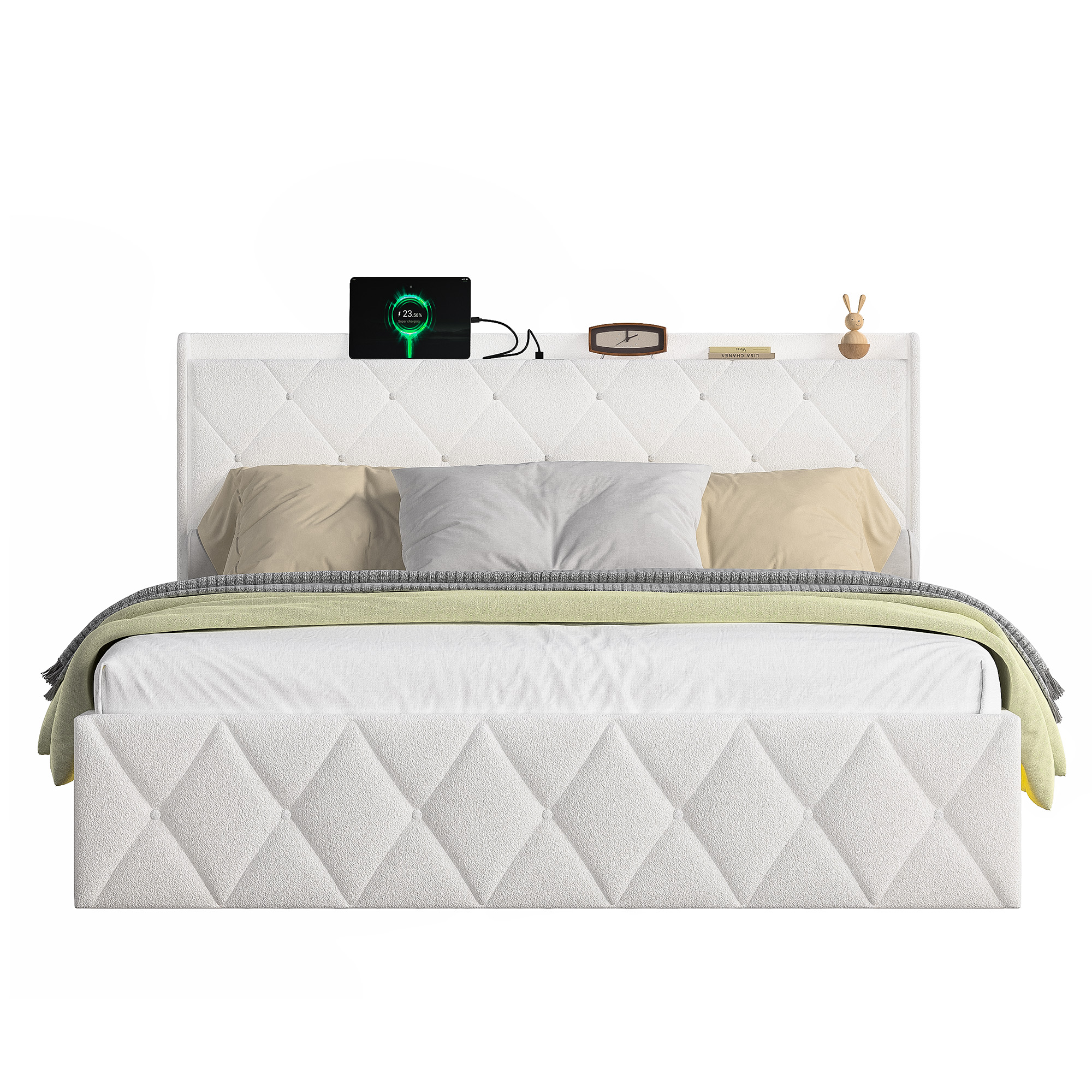 Lit plateforme en tissu bouclé blanc (Teddy Velvet - image 3
