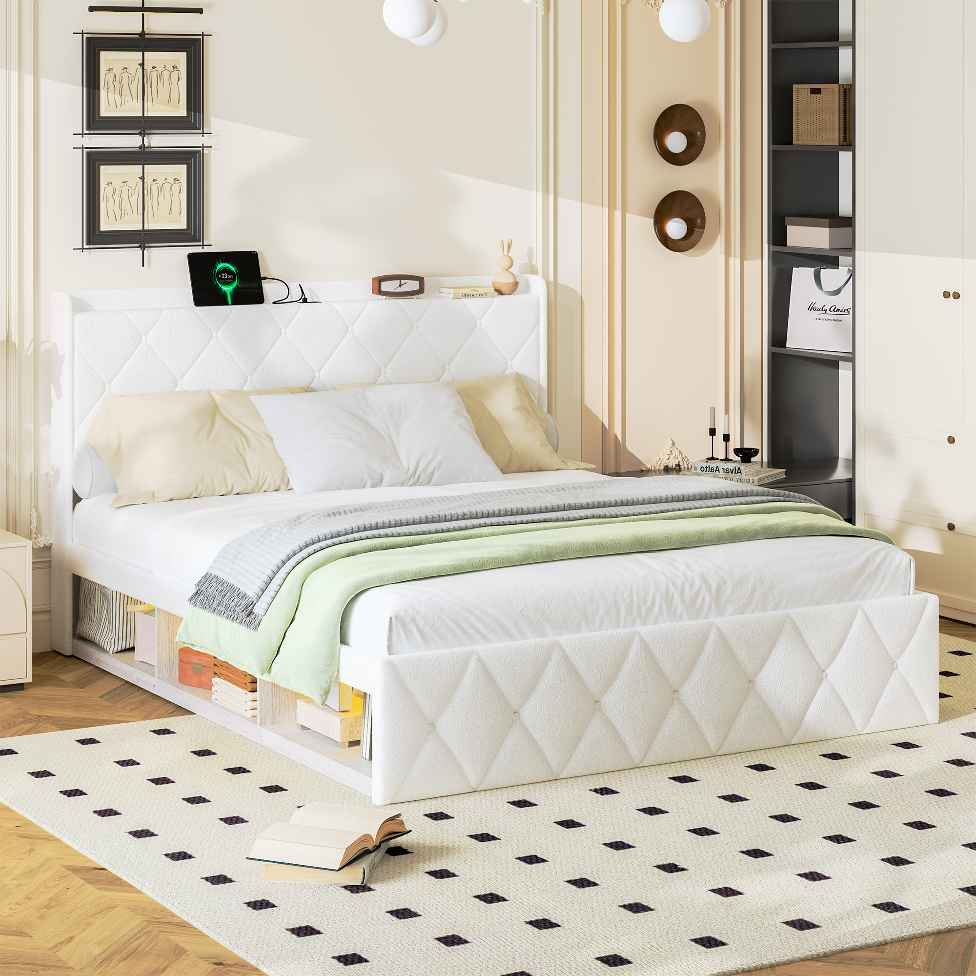 Lit plateforme en tissu bouclé blanc (Teddy Velvet - image 6
