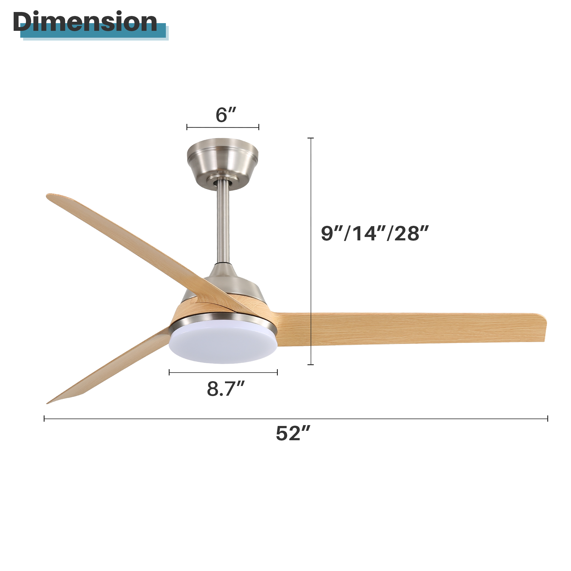 Dimensions et tiges de fixation ventilateur plafond 52 pouces