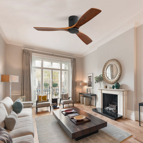 Ventilateur de plafond noir avec pales en bois