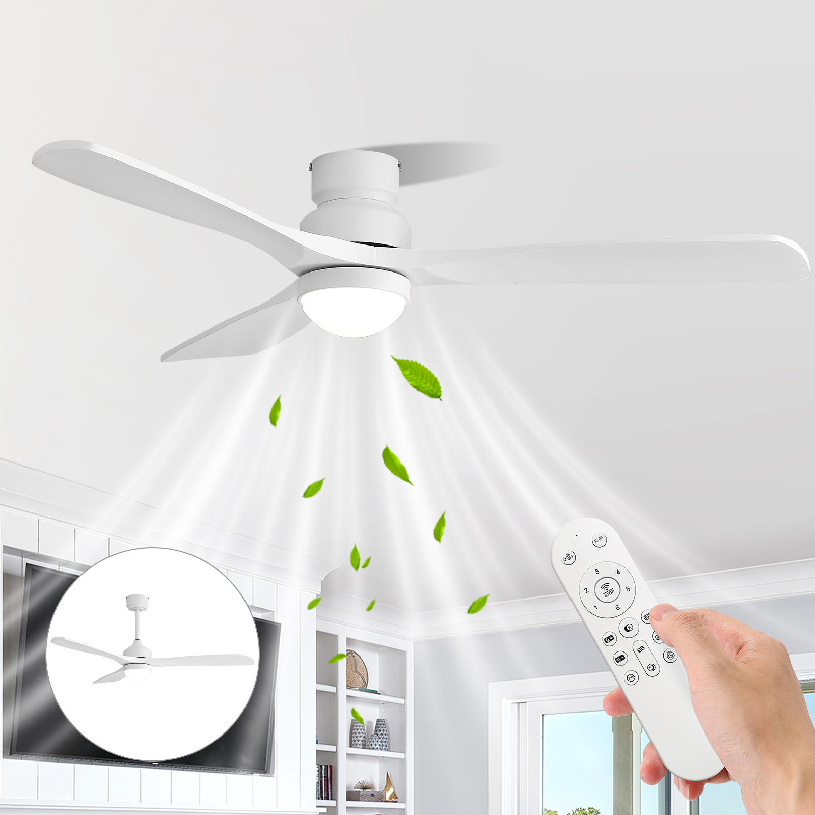 52 Zoll weißer Deckenventilator mit Licht, DC-Moto