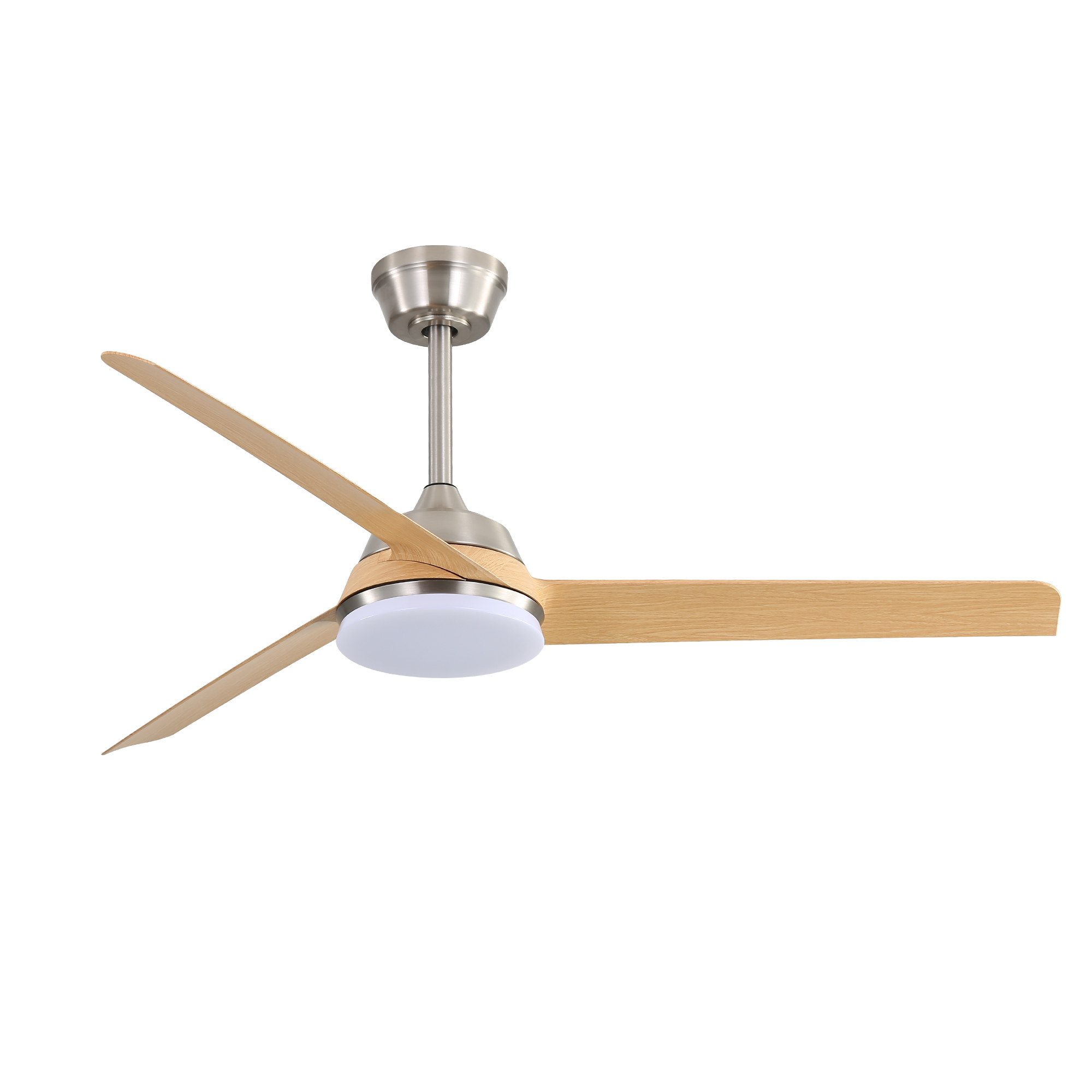 Ventilateur plafond 52 pouces nickel brossé bois clair LED