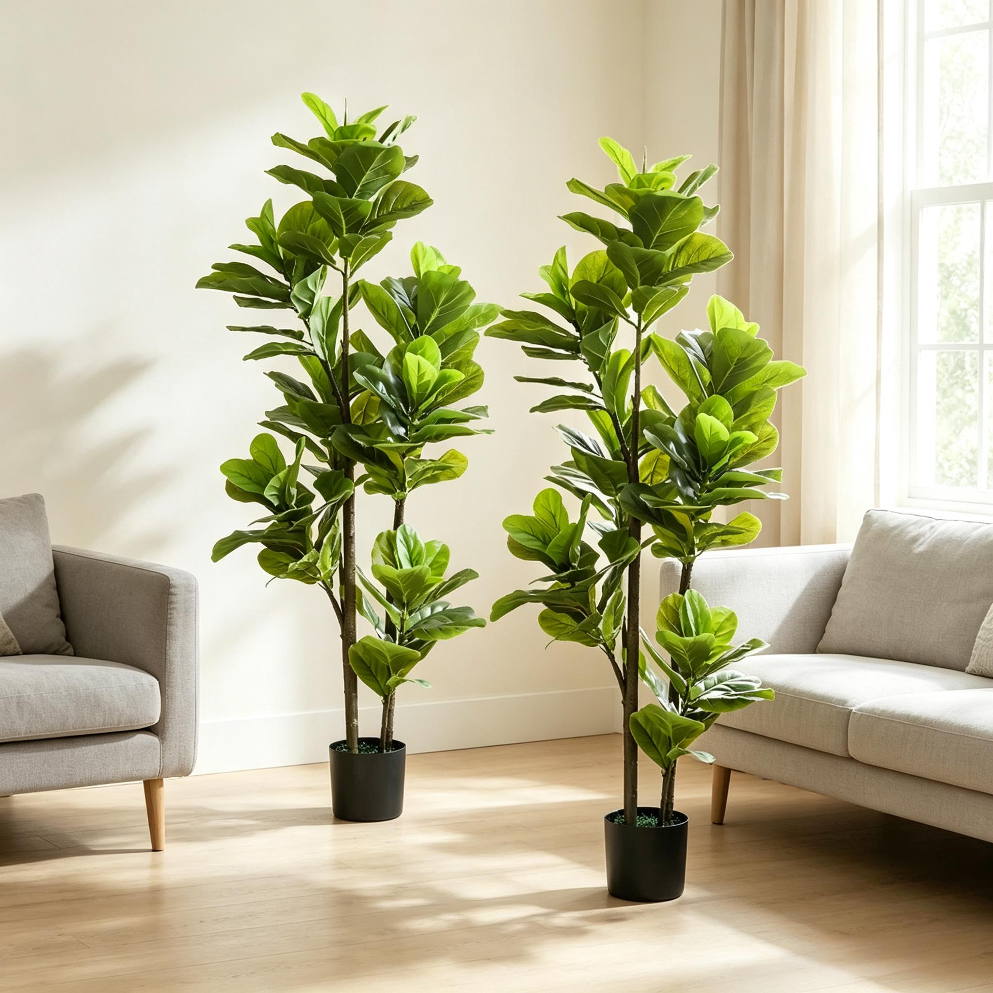 Lot de 2 figuiers lyre artificiels 150 cm avec pot lesté en ciment, feuilles PEVA, pour intérieur, Vert - dimensions et spécifications