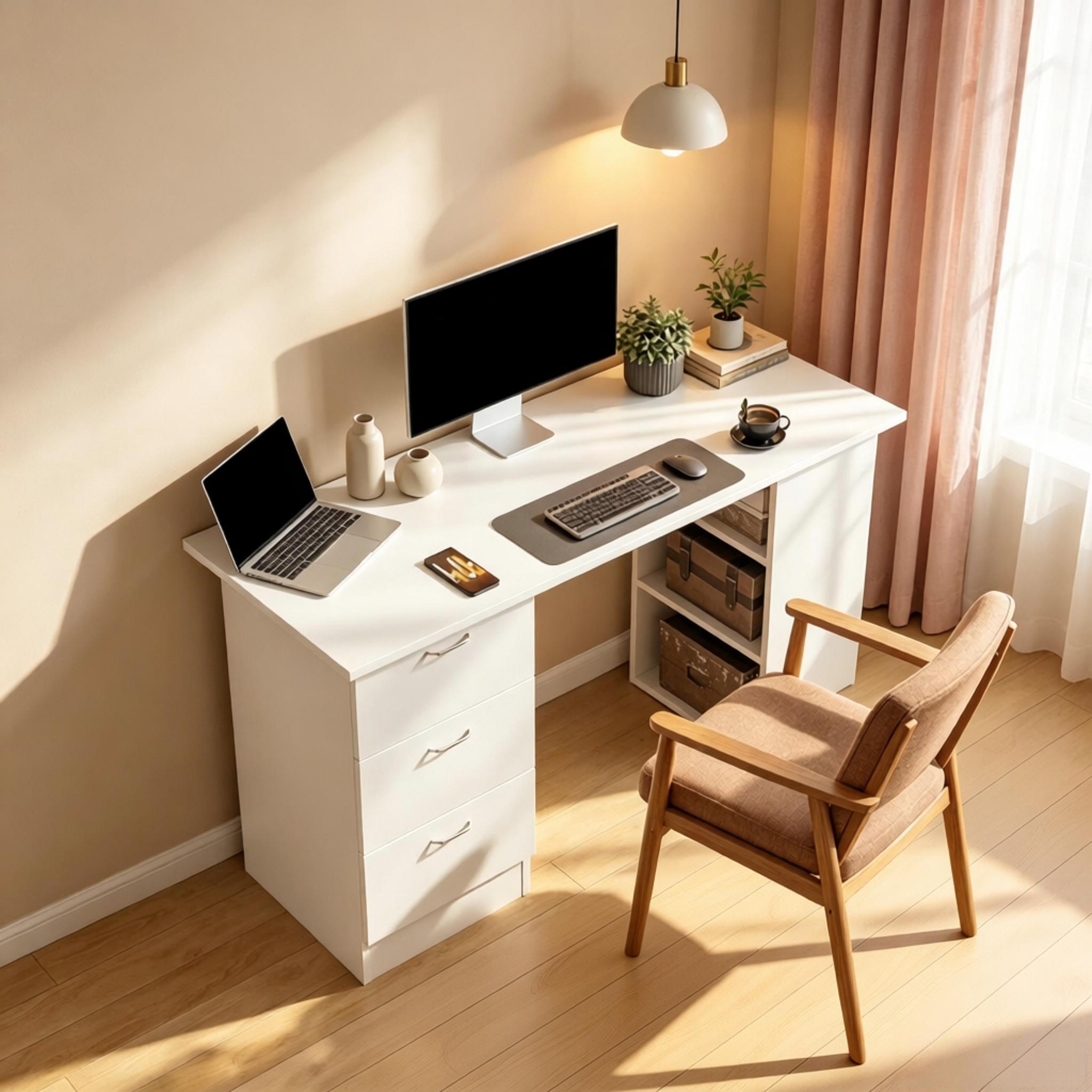 Bureau informatique 120 x 49 cm, bureau avec 3 tiroirs et 3 niches réversibles, MDF, Blanc
