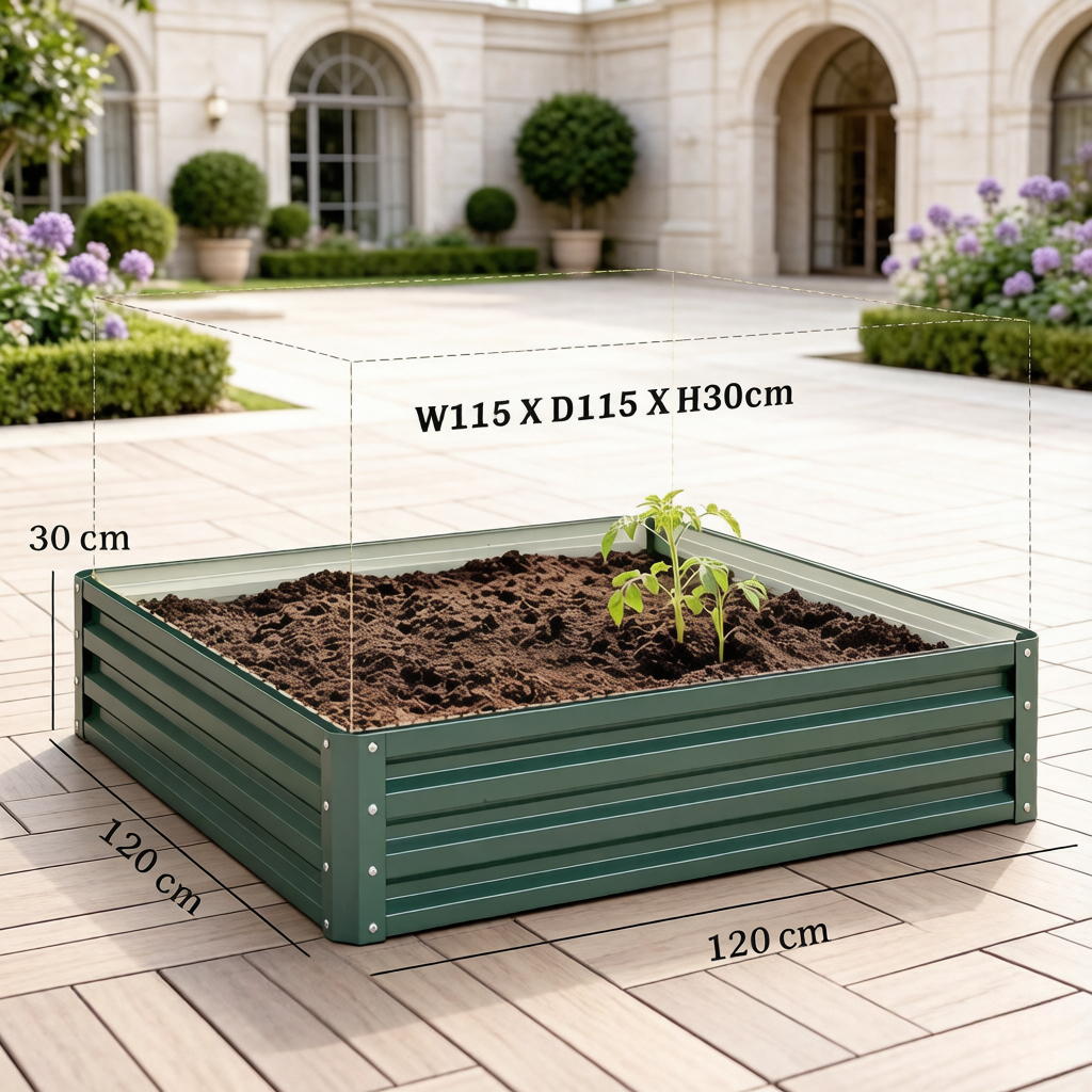 Carré potager surélevé 120 x 120 x 30 cm, acier galvanisé, fond ouvert, Vert foncé - détails