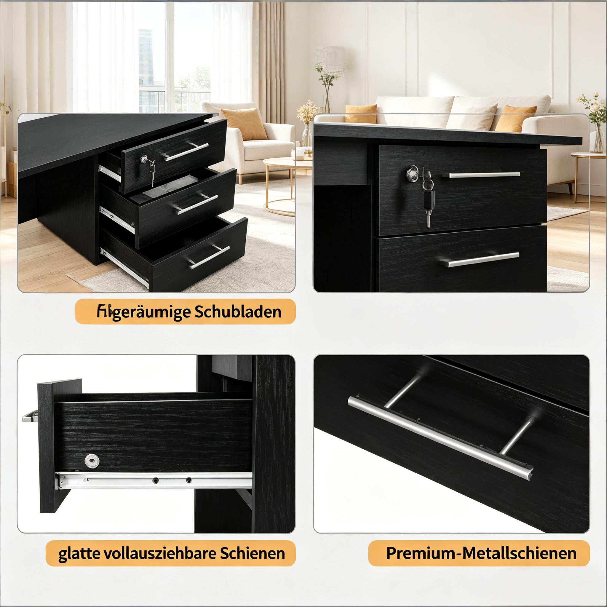 Bureau en bois 120 x 60 cm, bureau informatique avec 3 tiroirs dont 1 verrouillable, plateau mélaminé, Noir