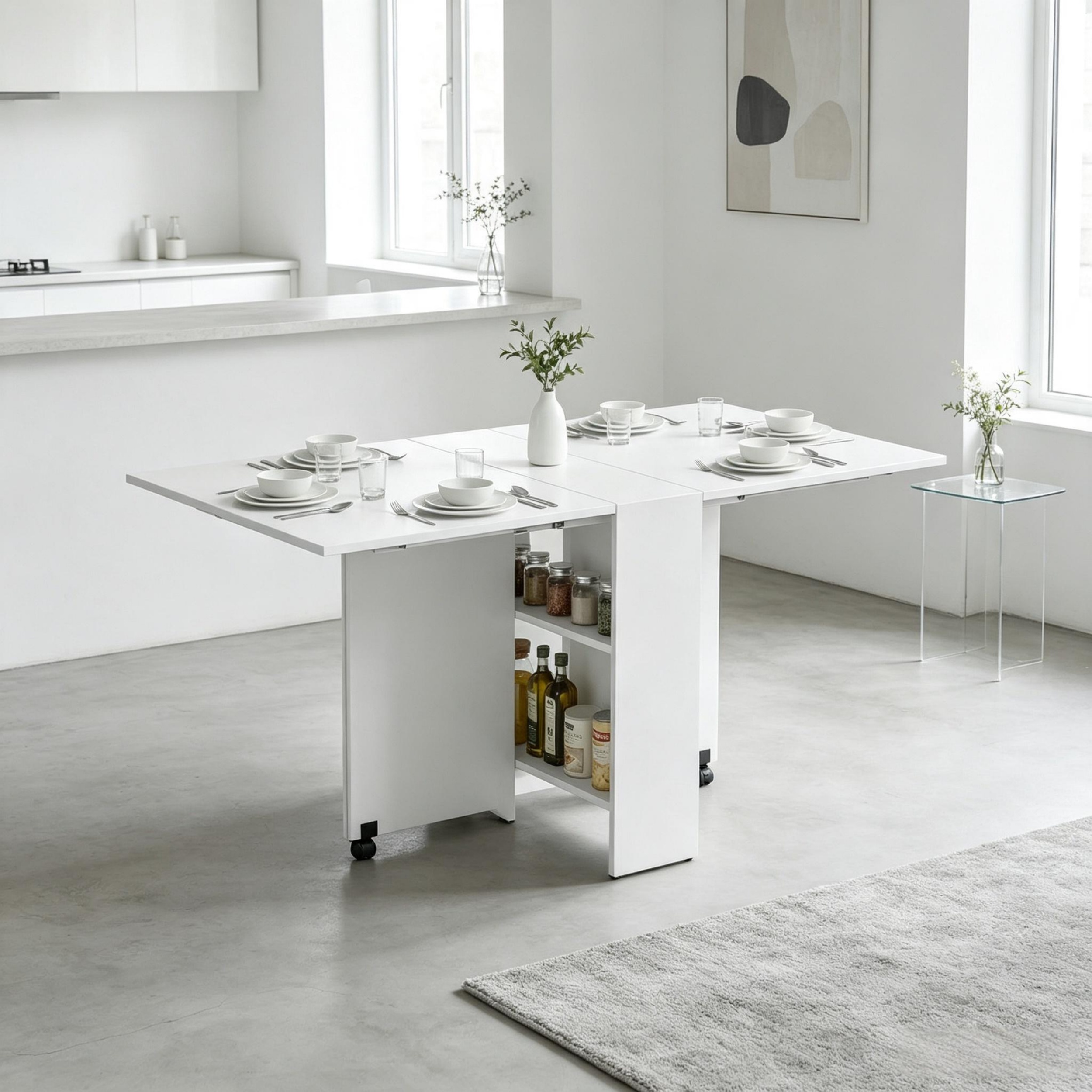 Table à manger pliante avec roulettes, rangement intégré et 2 étagères - vue 3
