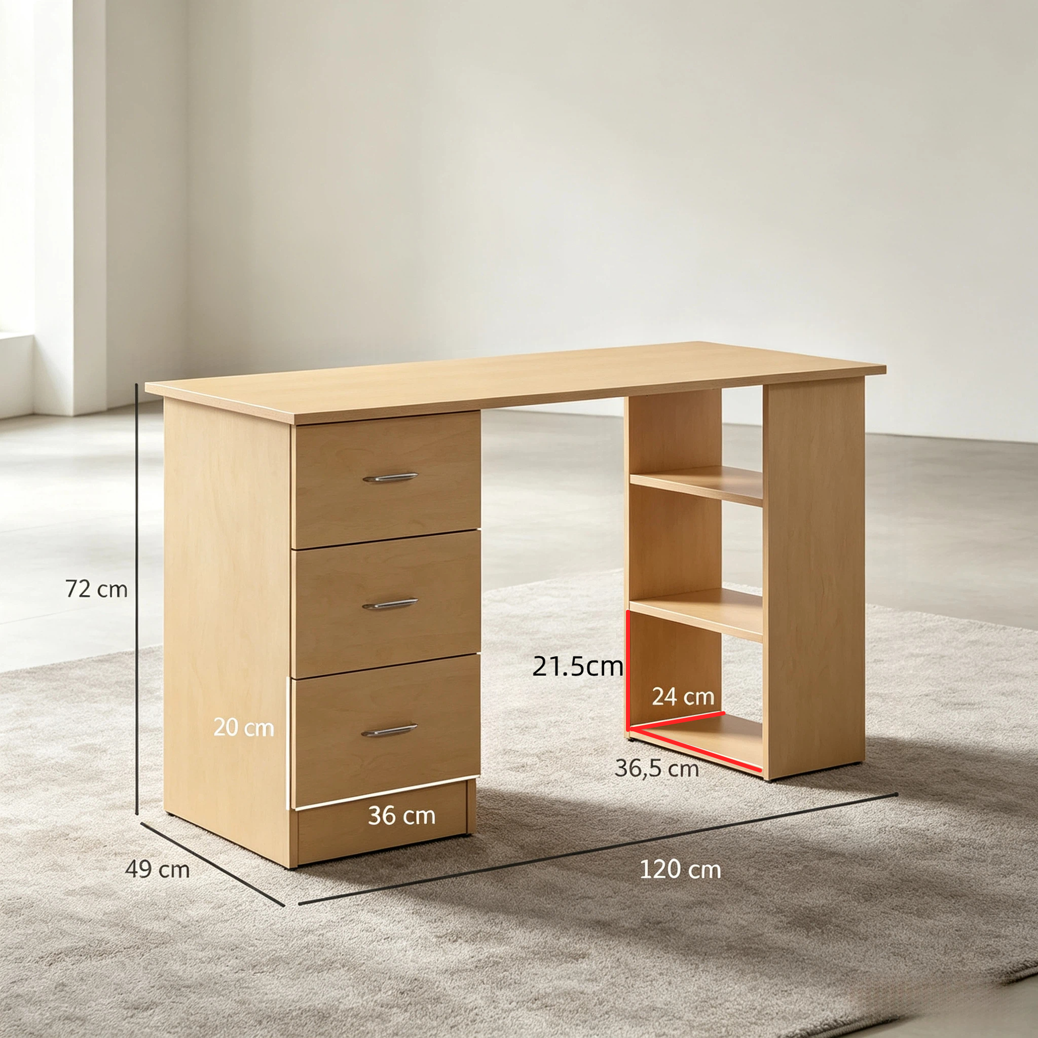 Bureau informatique 120 x 49 cm, bureau avec 3 tiroirs et 3 niches réversibles, MDF, Effet bois clair