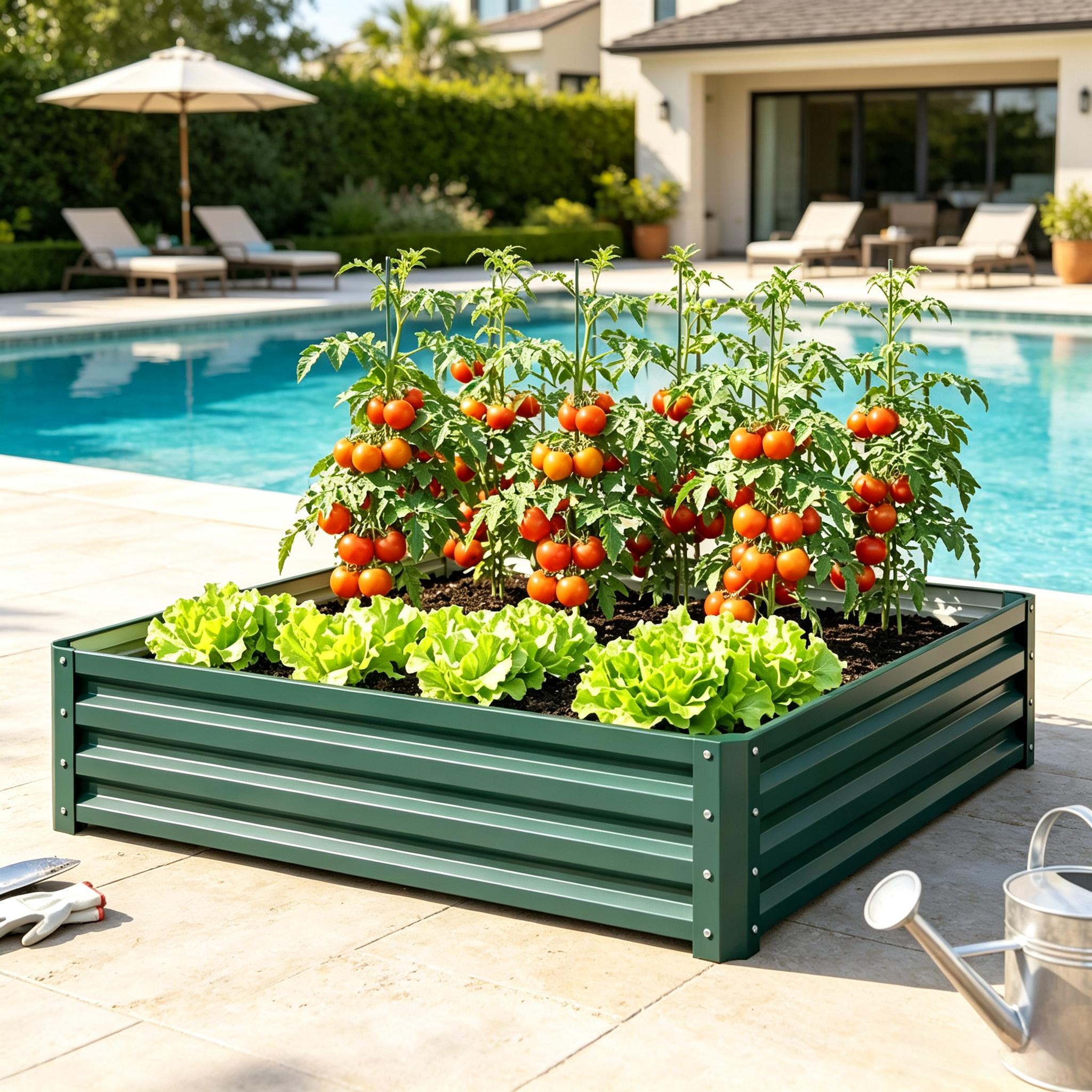 Carré potager surélevé 120 x 120 x 30 cm, acier galvanisé, fond ouvert, Vert foncé - dimensions et spécifications